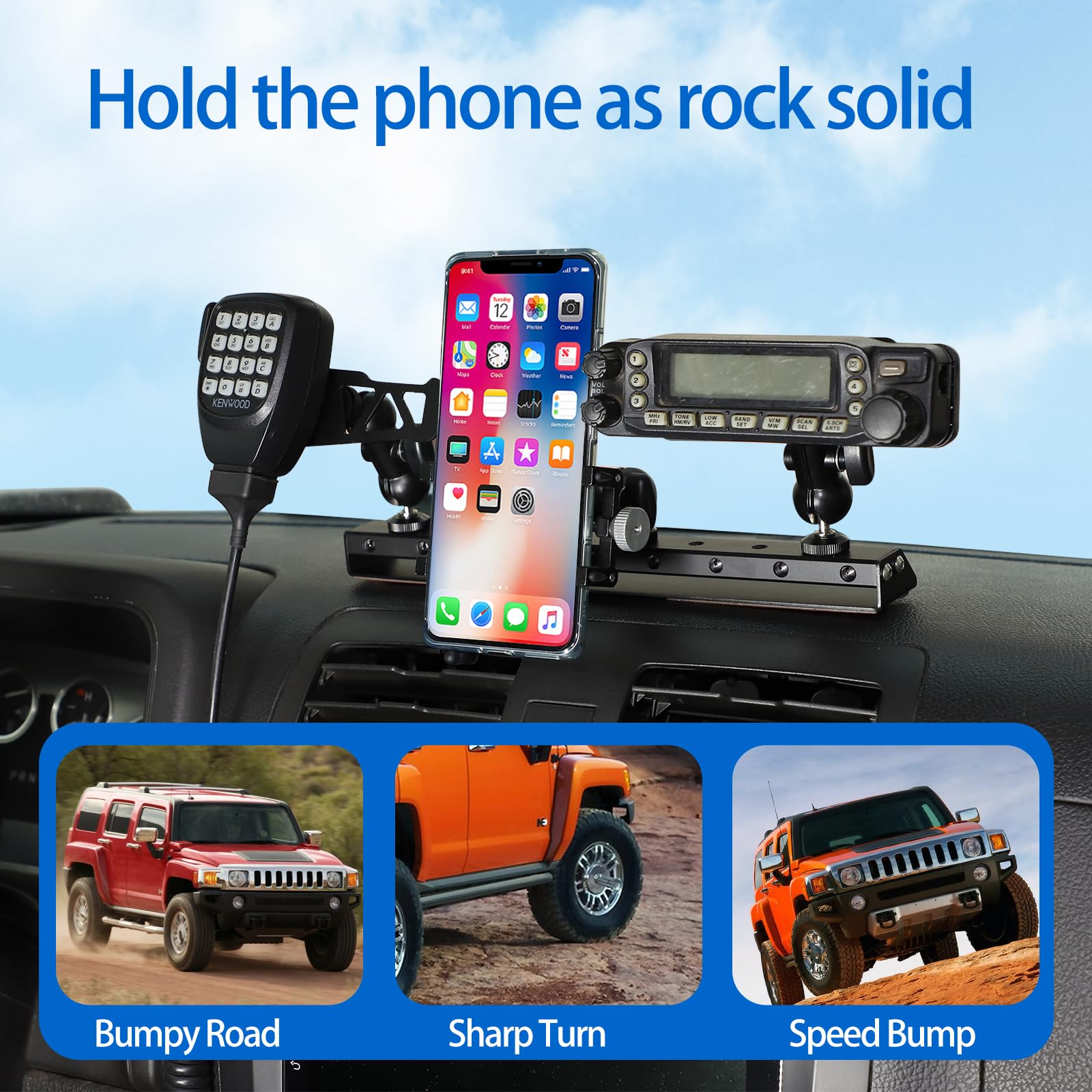 Universal Car Phone Mount & Walkie Talkie Holder Set - Compatible with Hummer H3 2005-2009 Models | 3-Piece Dashboard & Air Vent Phone Stand for Hands-Free Driving, Off-Road Adventures & Work Communication