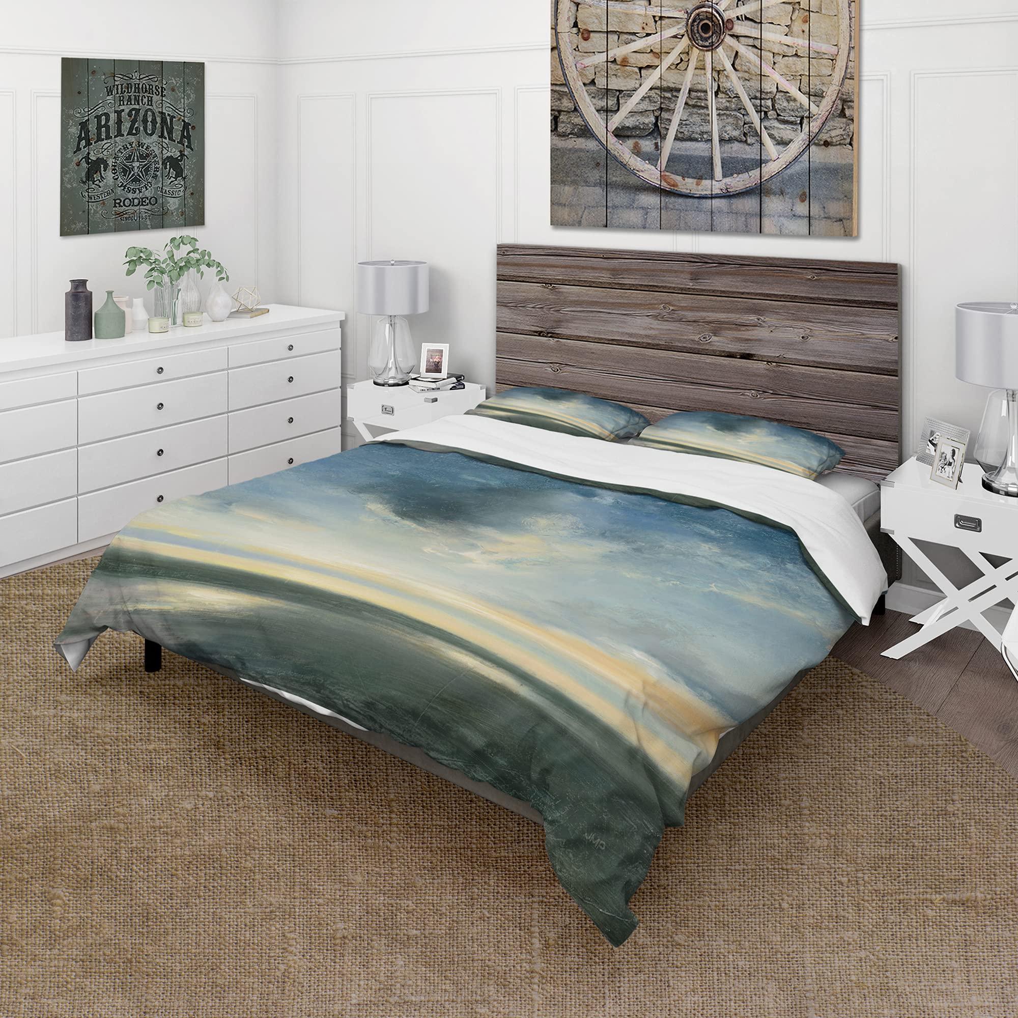 DesignQ Blue Coastal Sunrise Traditional Duvet Cover Set King Size - 3 Piece Landscape Bedding Set for All Seasons | Coastal Decor Bedroom Essentials for Master & Guest Rooms