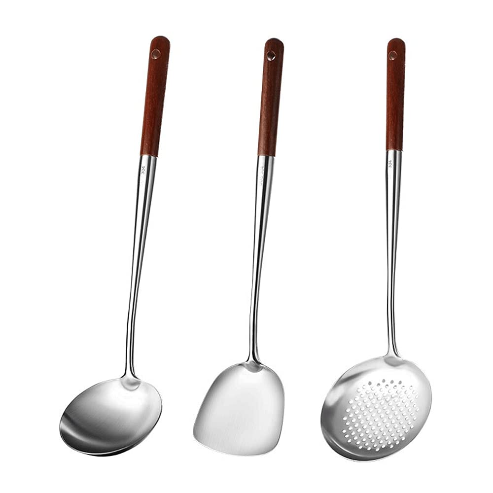 Premium 3-Piece Stainless Steel Kitchen Utensil Set - Spatula, Soup Spoon & Frying Spatula with Ergonomic Pear Wood Handle - High Heat Resistant Cooking Tools for Sauteing, Flipping & Serving - Perfect for Home Chefs & Professional Kitchens