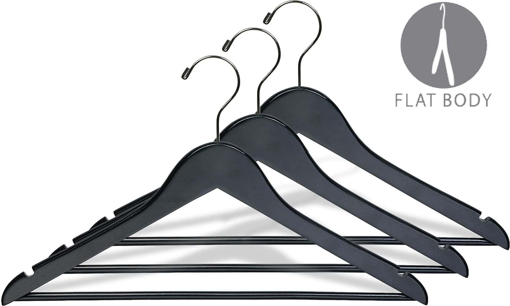 Premium Black Rubberized Wooden Suit Hangers - Solid Wood Bar with Flat Rubber Coating, Chrome Swivel Hook & Notches (Set of 50) by The Great American Hanger Company - Perfect for Closet Organization, Retail Stores & Luxury Garment Care
