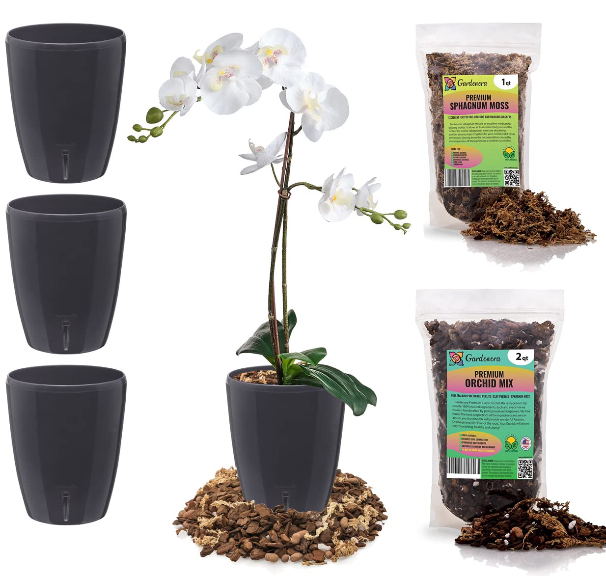 Gardenera Premium Orchid Growing Kit - Set of 4 Self-Watering Planters (5.9 Inch) with Water Level Indicator, Orchid Soil Mix & Sphagnum Moss - Anthracite Color - Perfect for Home, Office & Indoor Gardening