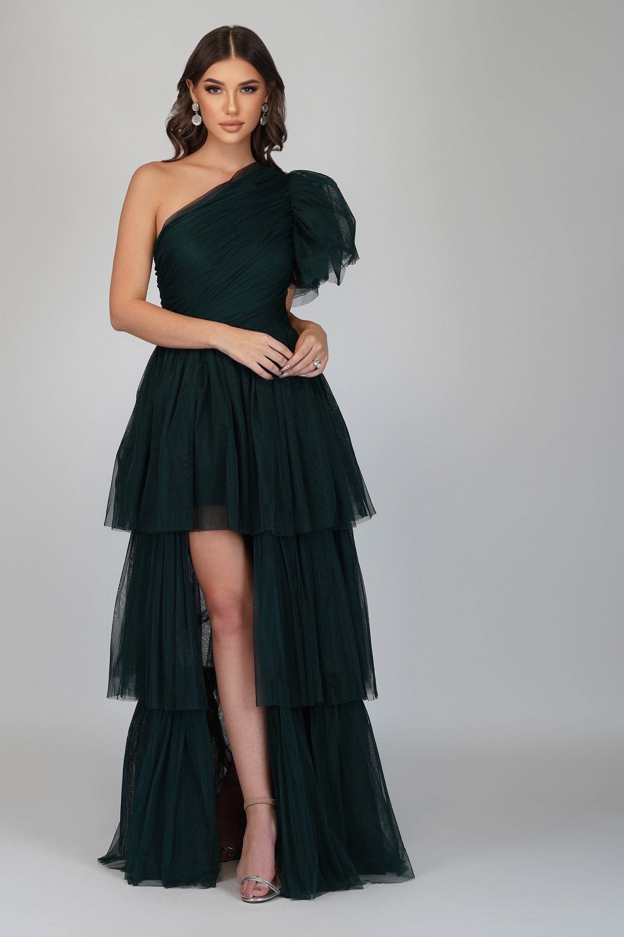 Elegant Rowena Emerald Green One Shoulder Tulle Gown for Women | Formal Evening Dress for Prom, Wedding & Special Occasions