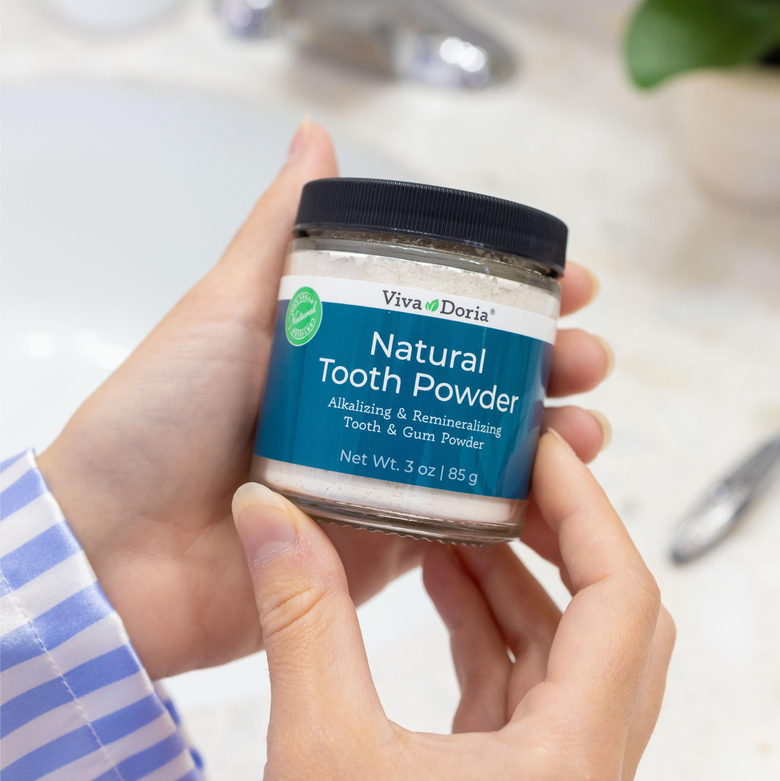 Viva Doria Natural Tooth Powder for Remineralizing & Whitening Teeth | Mint Flavored Breath Freshener | 3oz Glass Jar | Ideal for Travel, Home Use & Eco-Friendly Oral Care
