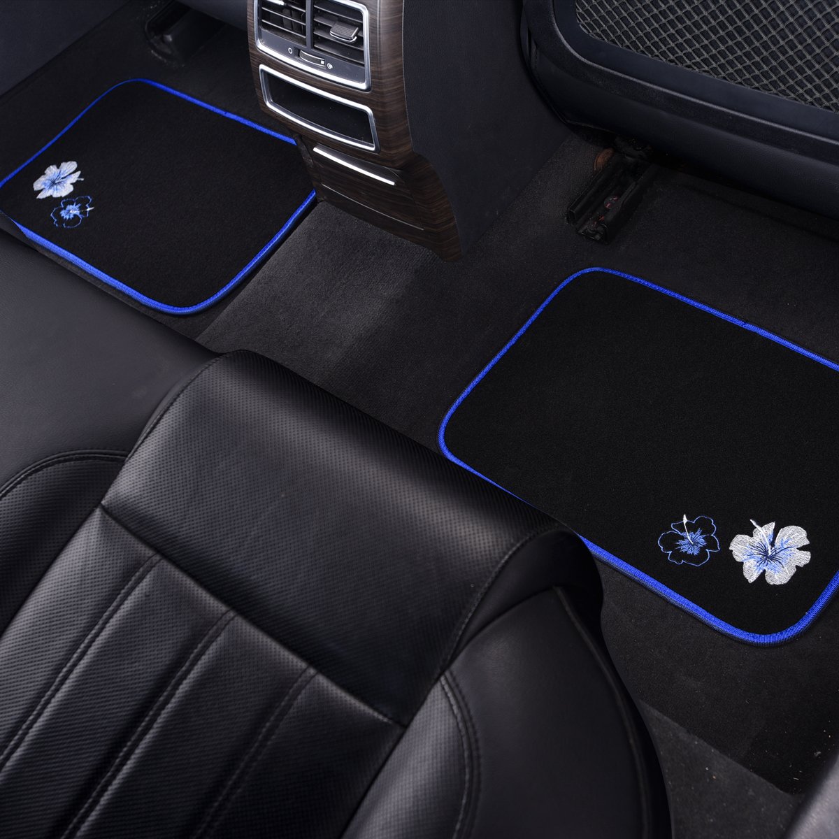 Butterfly and Flower Embroidered Car Floor Mats - Universal Fit for 95% of Cars, SUVs, Sedans & Vans - Blue & Black Set of 4 - Women's Girly Style - Perfect for Daily Commute, Road Trips & Car Interior Decoration