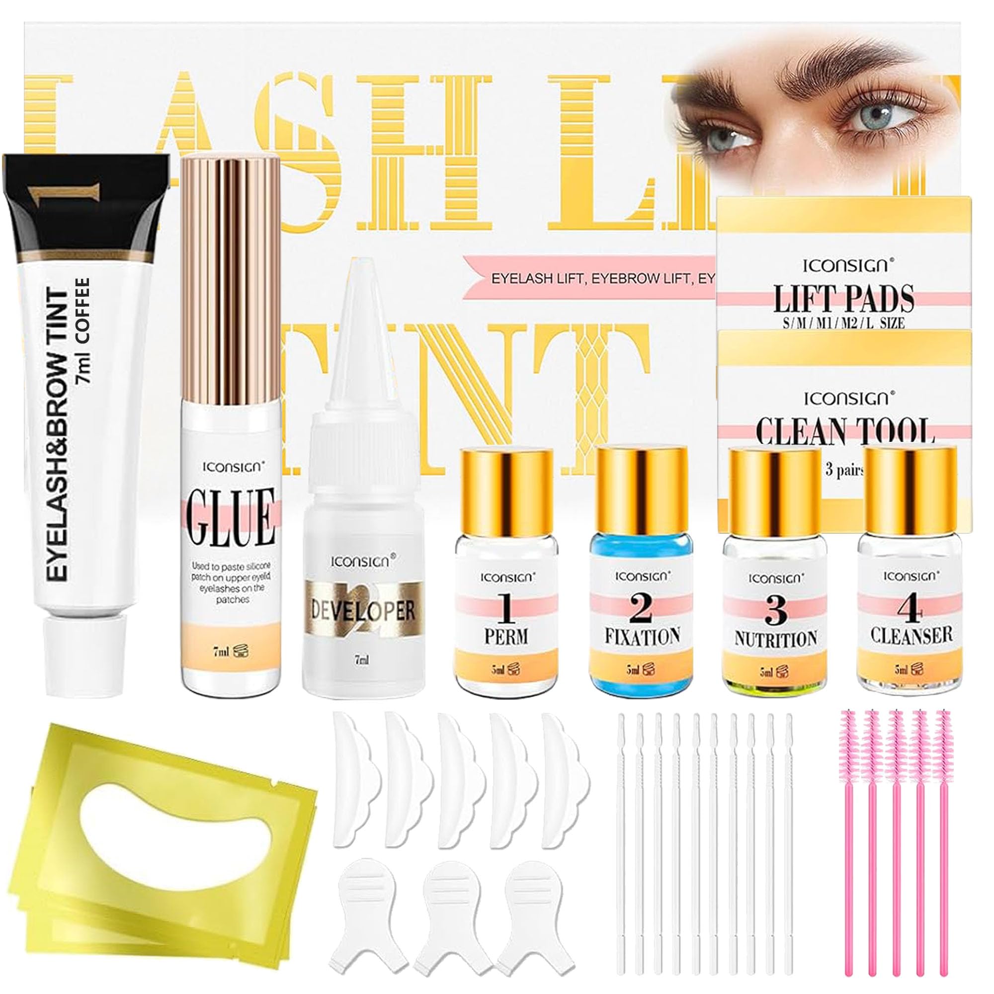 Professional Lash Lift & Brow Lamination Kit - 4-in-1 Eyelash Perm & Eyebrow Curling Set with Coffee Tint - Salon & Home Use for Natural-Looking Lashes & Perfect Brows - Perfect for Bridal Makeup, Self-Care & Professional Styling