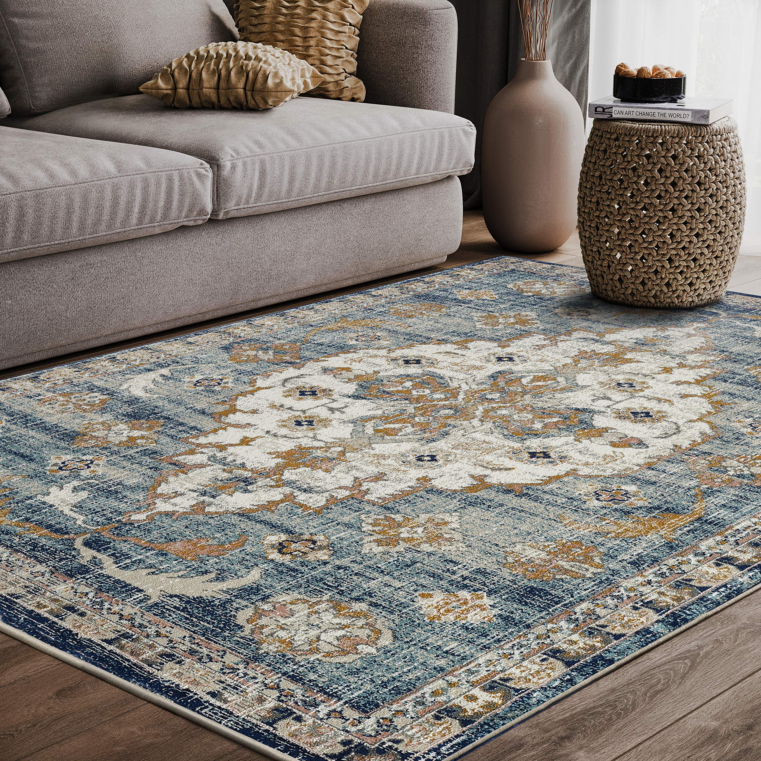 Abani Blue & Beige Traditional Medallion 4' x 6' Area Rug - Vintage Turkish Accent Rug for Living Room, Bedroom & Office Decor | Porto Collection