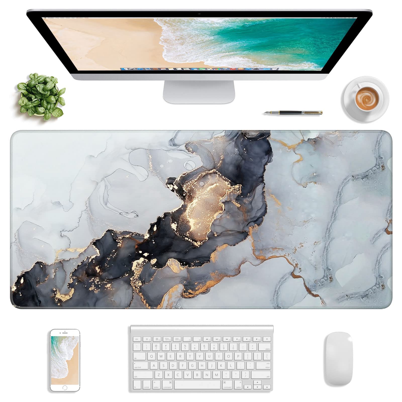 Atufsuat XXL Gaming Mouse Pad 30x14 Inch, Non-Slip Desk Mat for Office & PC Gaming - Gray Marble