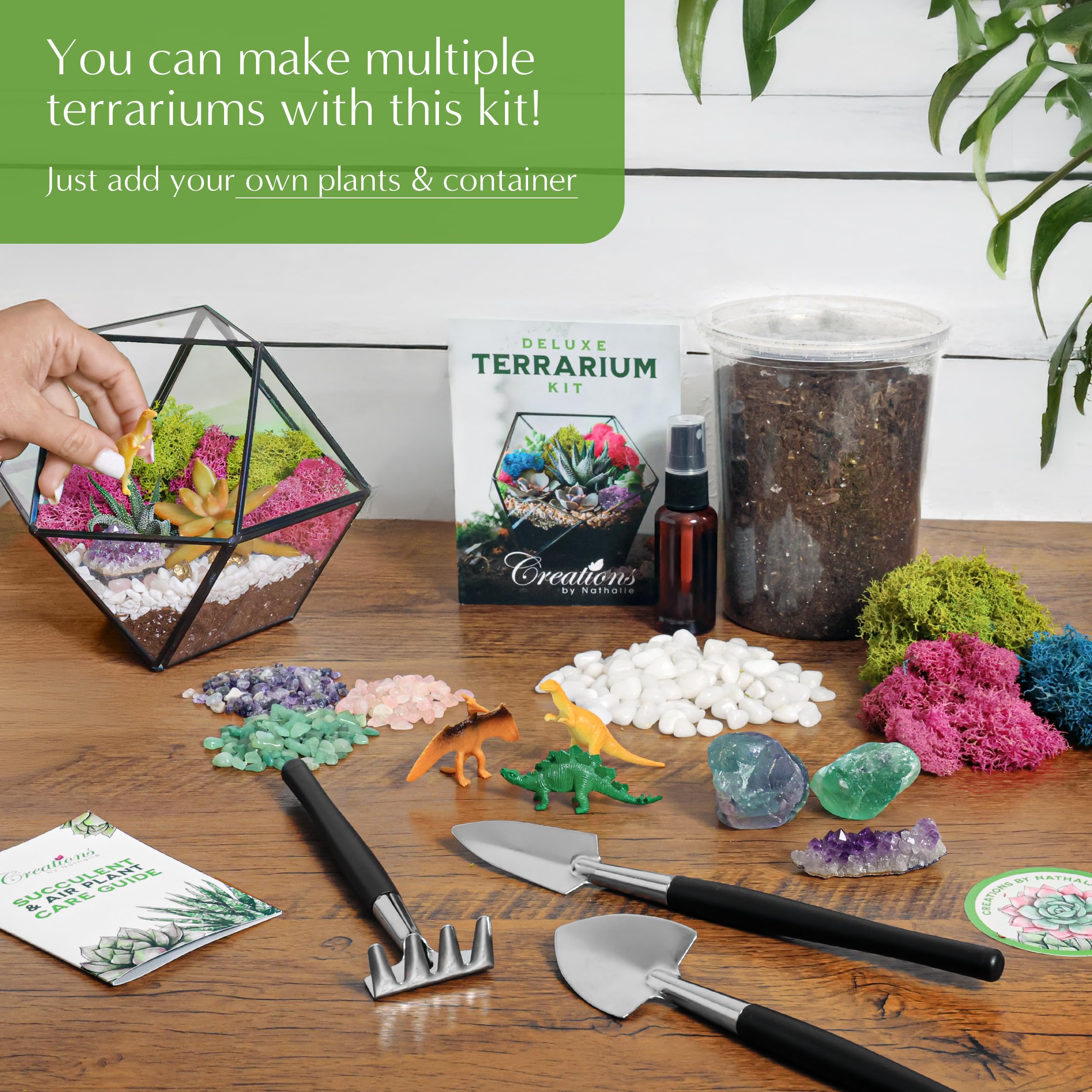 DIY Large Terrarium Starter Kit with Soil, Moss, Pebbles, Healing Crystal, Tools & Supplies – Handcrafted in USA Terrarium Kit for Adults & Kids – Perfect for Home Decor, Gifts, and Indoor Gardening Projects