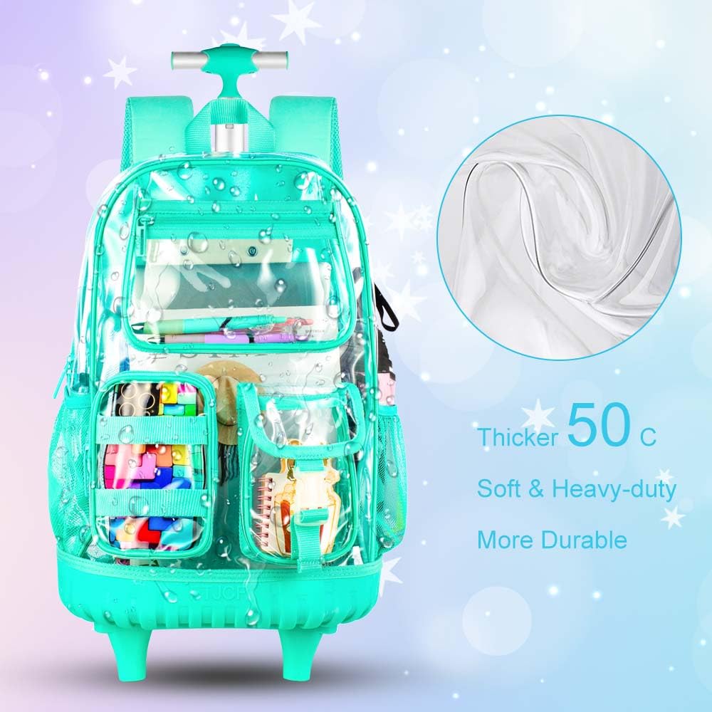 Rolling Clear Backpack for Women & Girls - Heavy Duty PVC Transparent Wheeled Bookbag with Lunch Box Compartment | See-Through School Backpack for Teens & Elementary Students | Perfect for Travel, School, and Daily Commute - Green