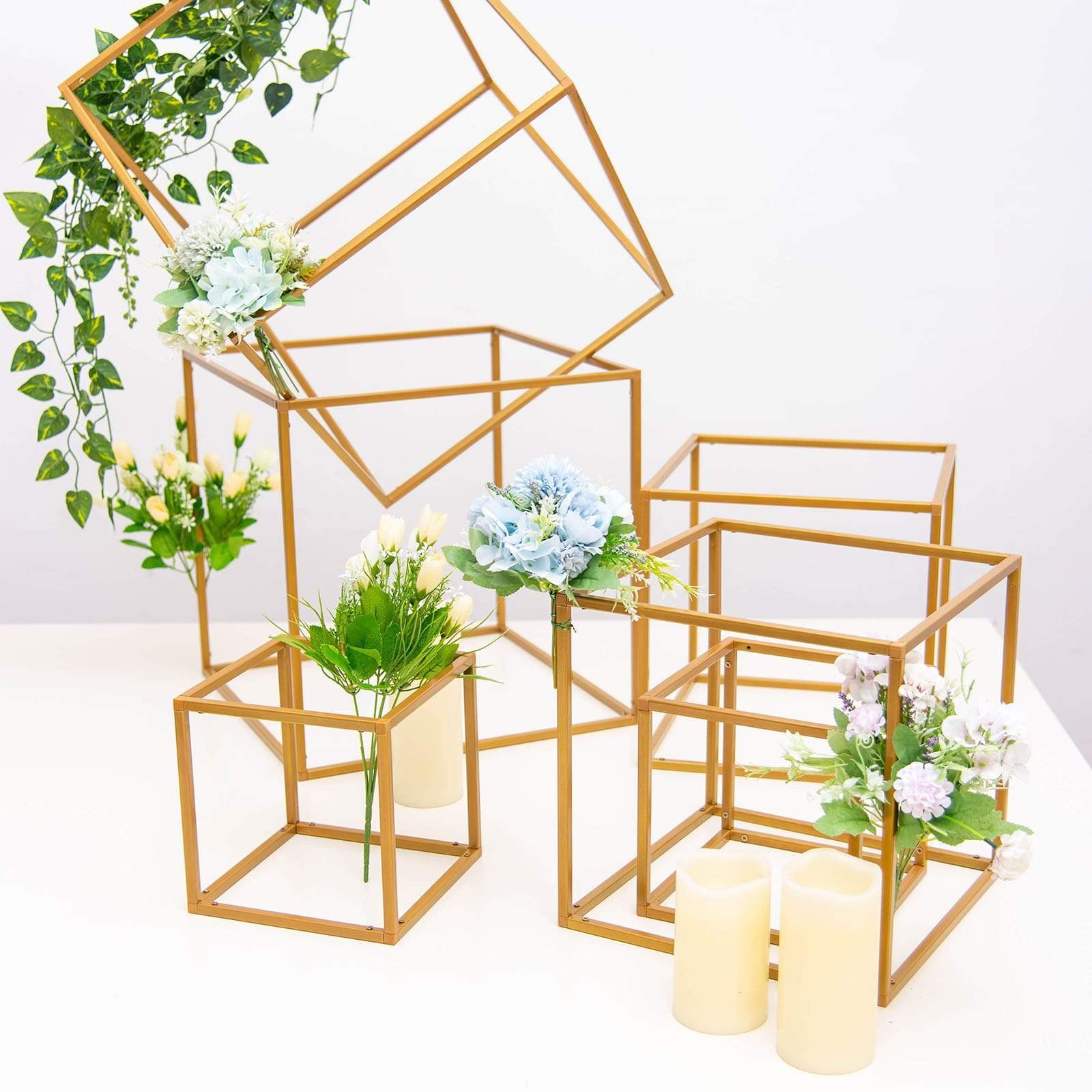 2 Pack Geometric Cube Metal Stands - Elegant Wedding Flower Vase Holders for Centerpieces, Table Decor & Home Display