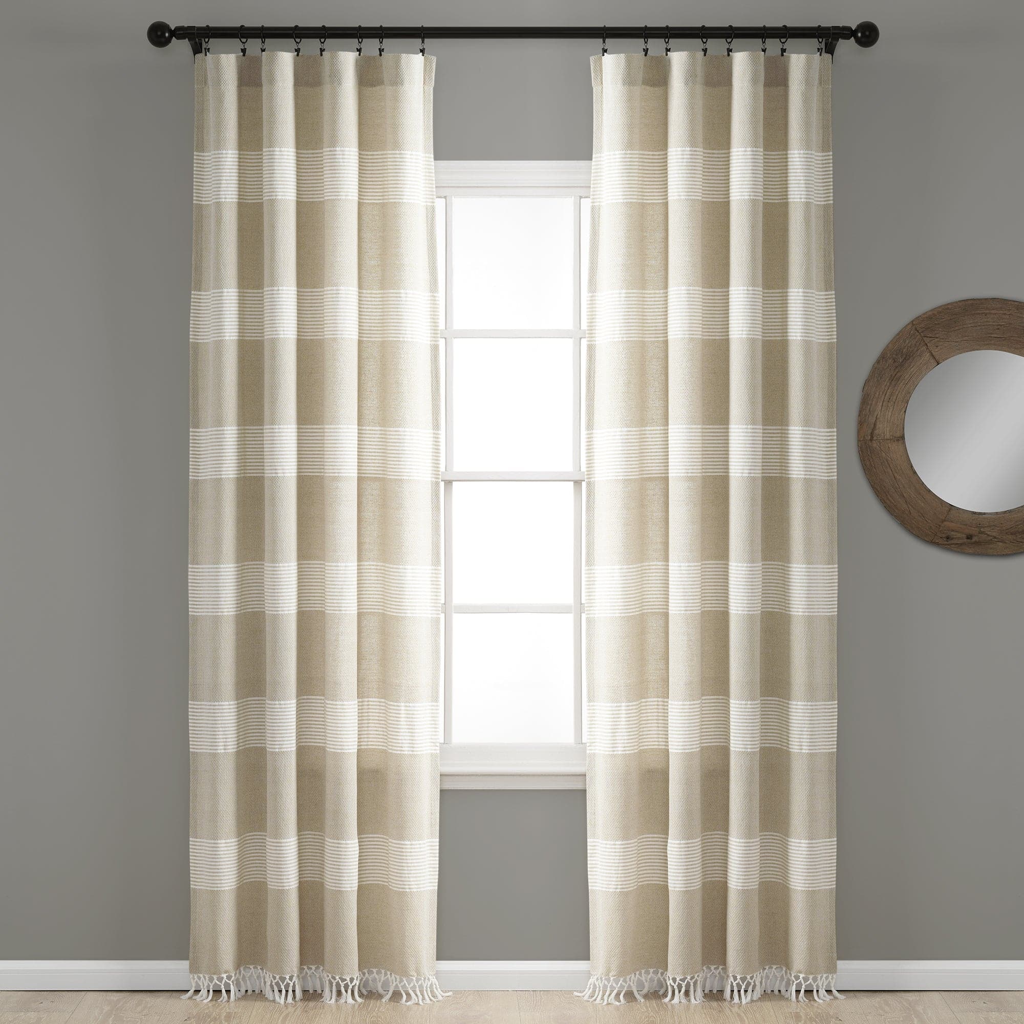 Tucker Stripe Yarn Dyed Knotted Tassel Window Curtain Panel Set - Elegant Blackout Drapes for Living Room & Bedroom Decor