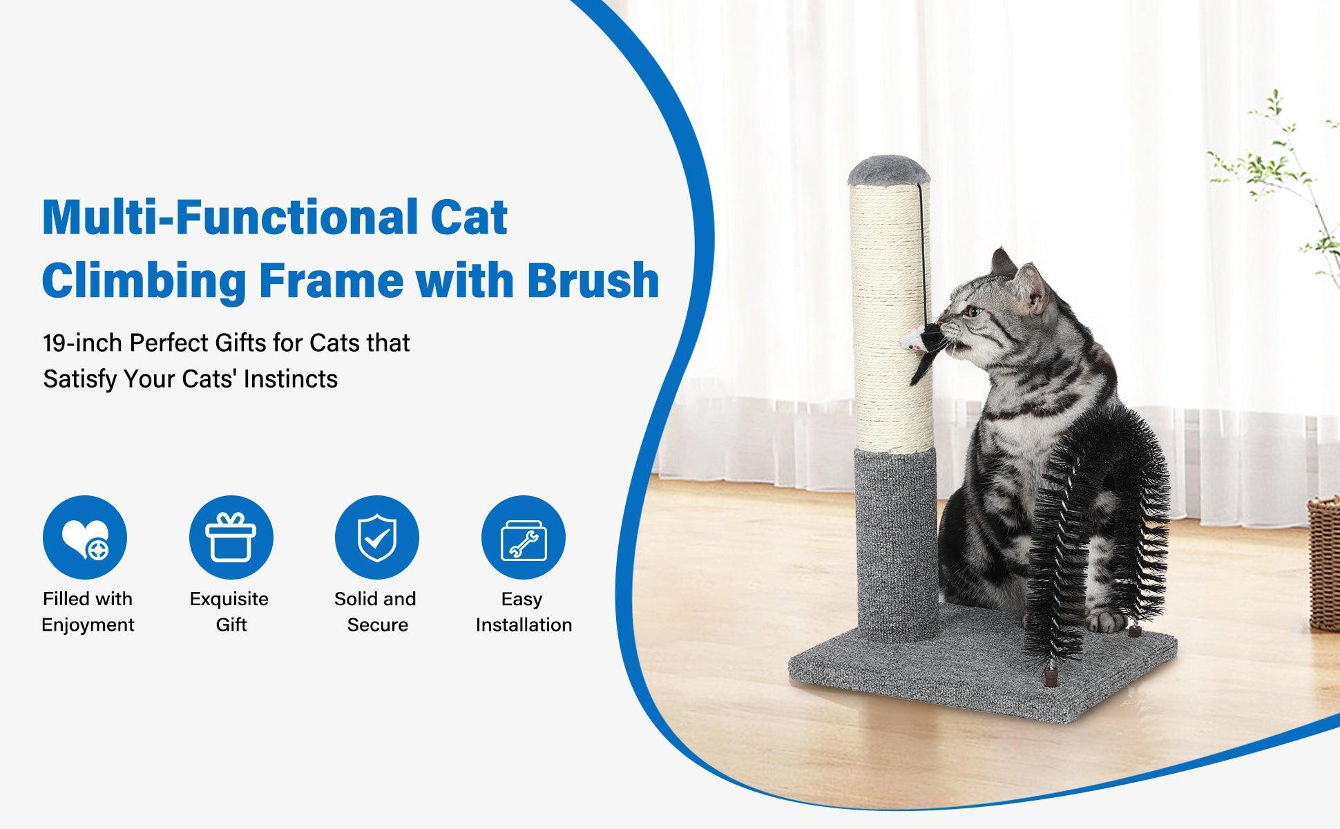 18 Inch Cat Scratching Post with Grooming Brush & Dangling Ball - Self Groomer Scratcher for Kittens & Adult Cats - Indoor Cat Furniture Protector - Perfect for Playtime, Grooming & Furniture Protection