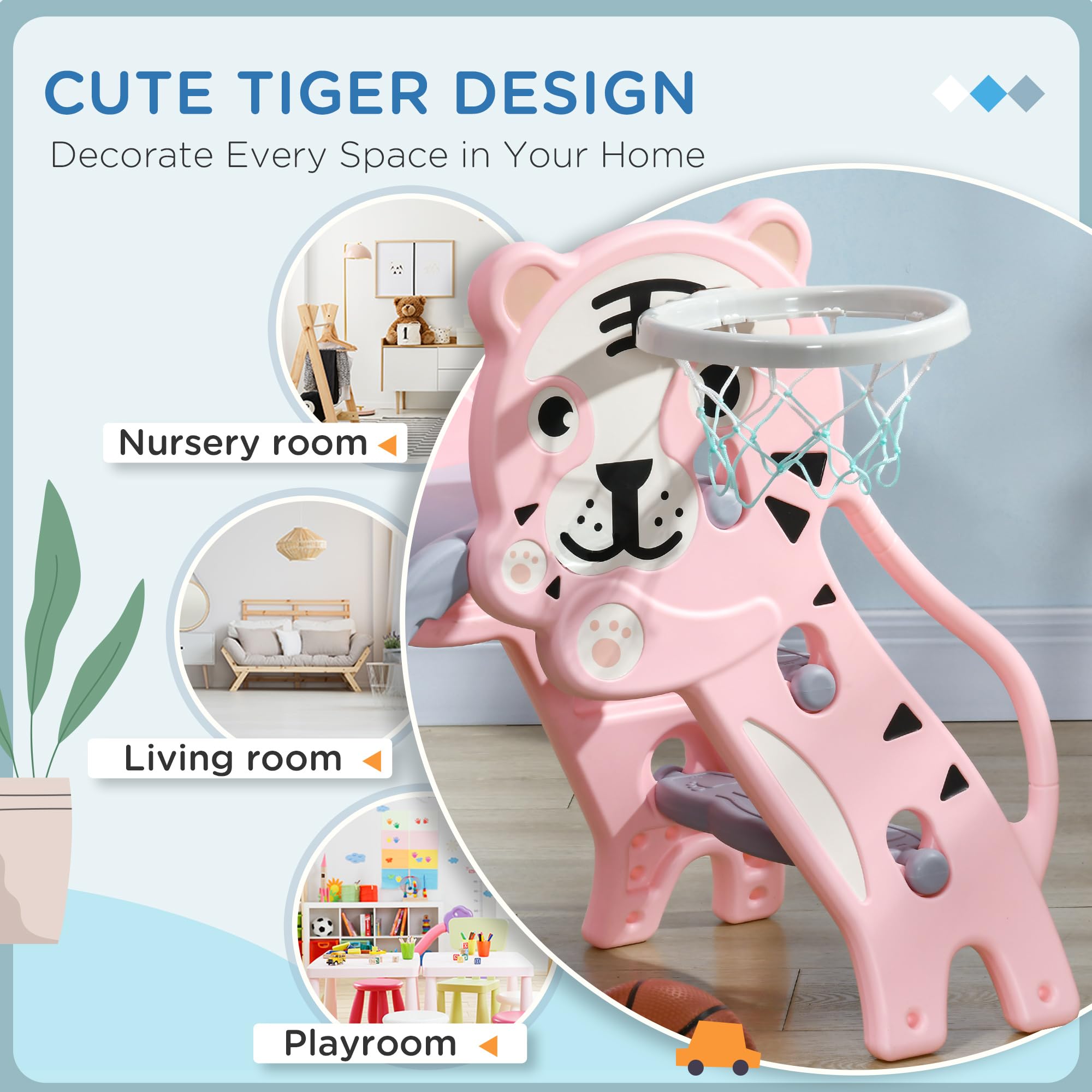Qaba 3-in-1 Indoor Toddler Slide Playset with Basketball Hoop & Climber - Easy Assembly for Kids 18-36 Months - Tiger Design Pink Slide for Home Playroom, Daycare or Backyard Fun