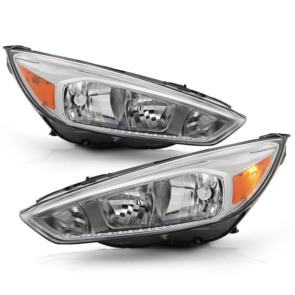 ACANII Chrome Headlight Assembly for 2015-2018 Ford Focus - Replacement Halogen Headlights Without Factory LED DRL (Left & Right Pair) - Perfect for Night Driving & Vehicle Restoration Projects