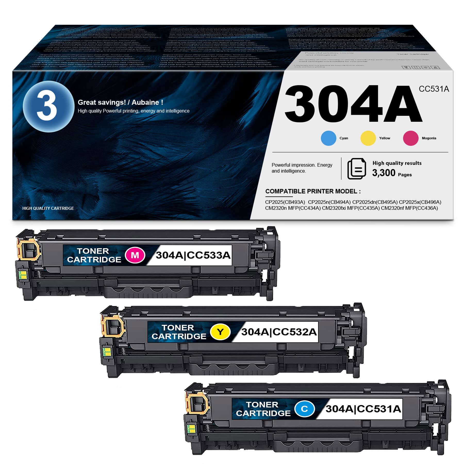 HSBHDAK High Yield Toner Cartridge Replacement (3-Pack) - Compatible with HP CP2025/CP2025n/CP2025dn/CP2025x & CM2320 Series Printers - 1 Cyan + 1 Magenta + 1 Yellow - Perfect for Office Printing & High Volume Documents