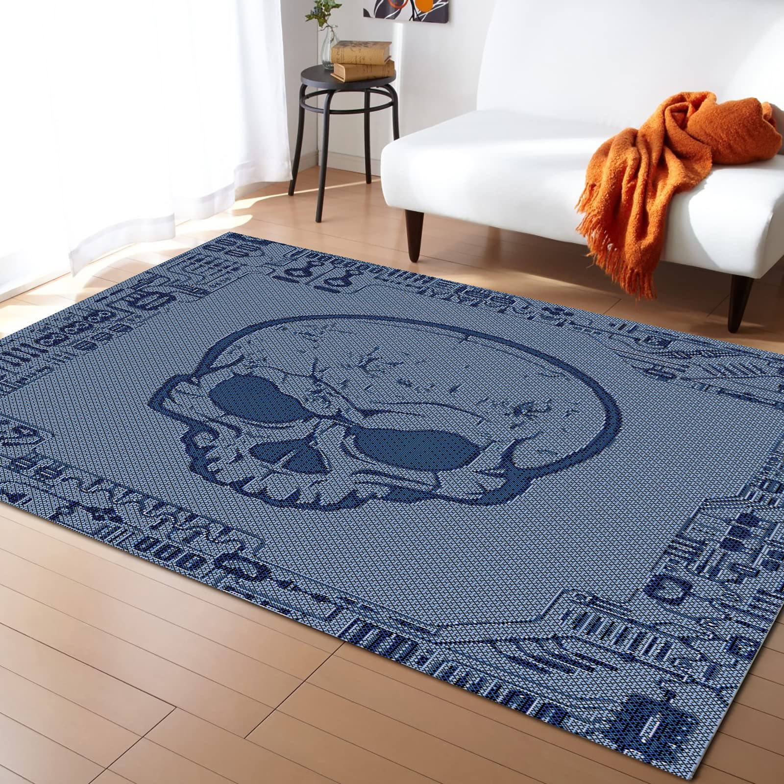 Modern Halloween Skull Area Rug - Non-Slip Blue Monster Print Washable Carpet 5'x7' for Living Room, Bedroom & Dining Room | Spooky Decor, Soft Floor Mat for Seasonal Home Decor