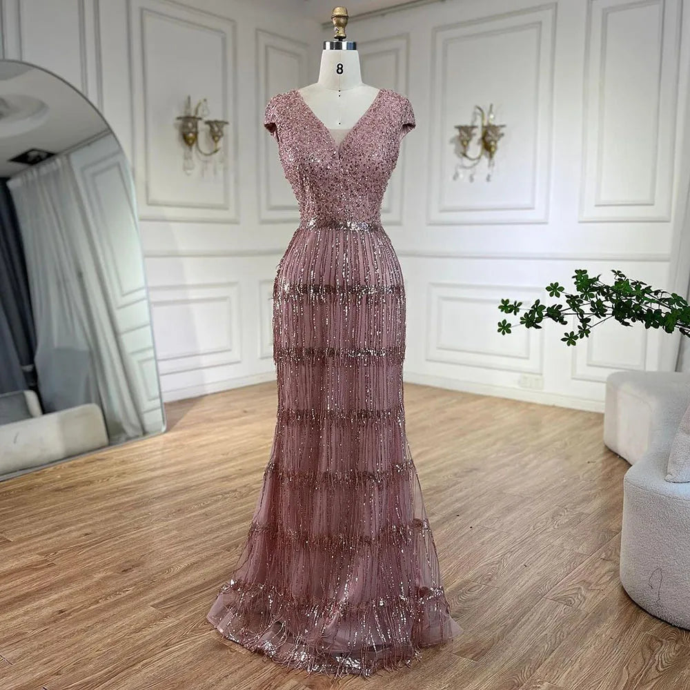 Luxury Dubai Arabic Mermaid Evening Gown with Gold Tassel Beading - Elegant Women's Wedding Party Dress 2025 (LA72581) | Perfect for Bridal Showers, Red Carpet Events & Formal Occasions