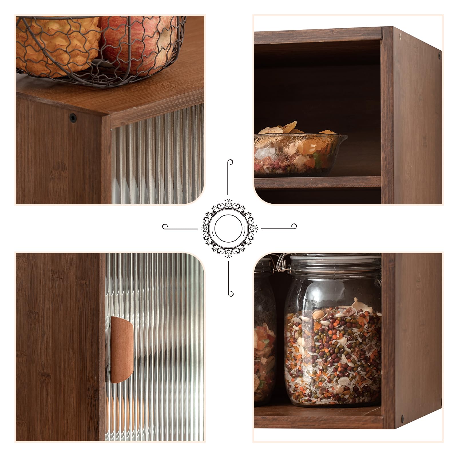 HollyHOME Bamboo Wall Mounted Kitchen Sideboard - 2 Sliding Glass Doors, Freestanding Storage Cabinet with Side Shelf for Bottles, Dishes & Bowls - Walnut Console Dining Cupboard for Small Spaces, Apartments & Modern Kitchens