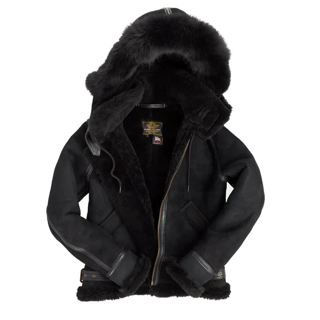 Cockpit USA Women's Hooded B-3 Bomber Jacket - Genuine Shearling Leather Aviator Jacket, Black, Winter Warm Coat for Outdoor Activities & Aviation Enthusiasts