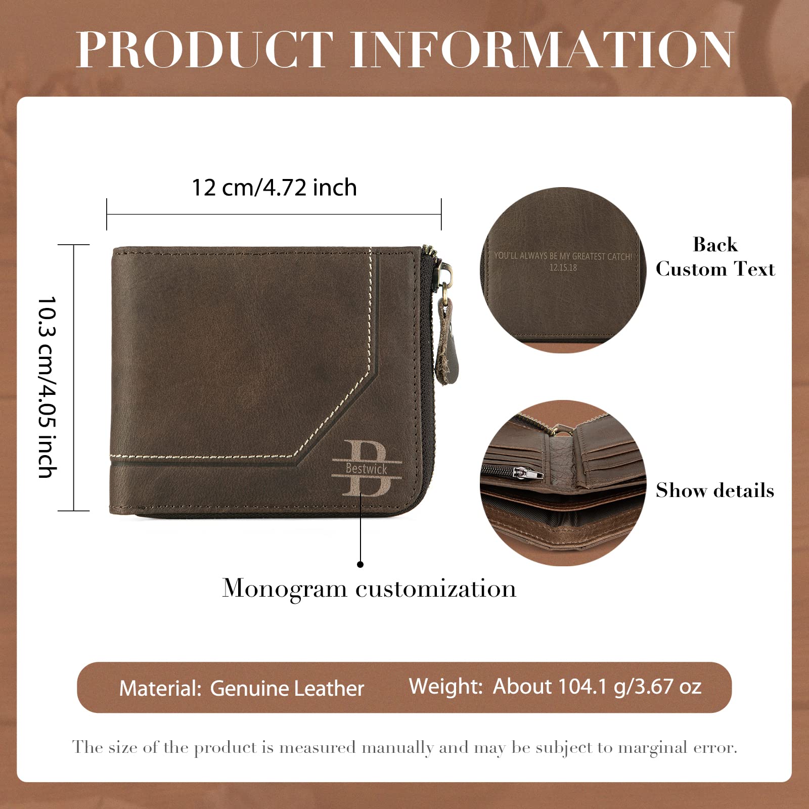 Personalized Leather RFID Blocking Bifold Wallet for Men - Custom Name Text, Large Capacity Credit Card Holder, Anti-Theft Zipper Wallet, Vintage Cowboy Style - Perfect Father's Day Gift & Everyday Carry Essential
