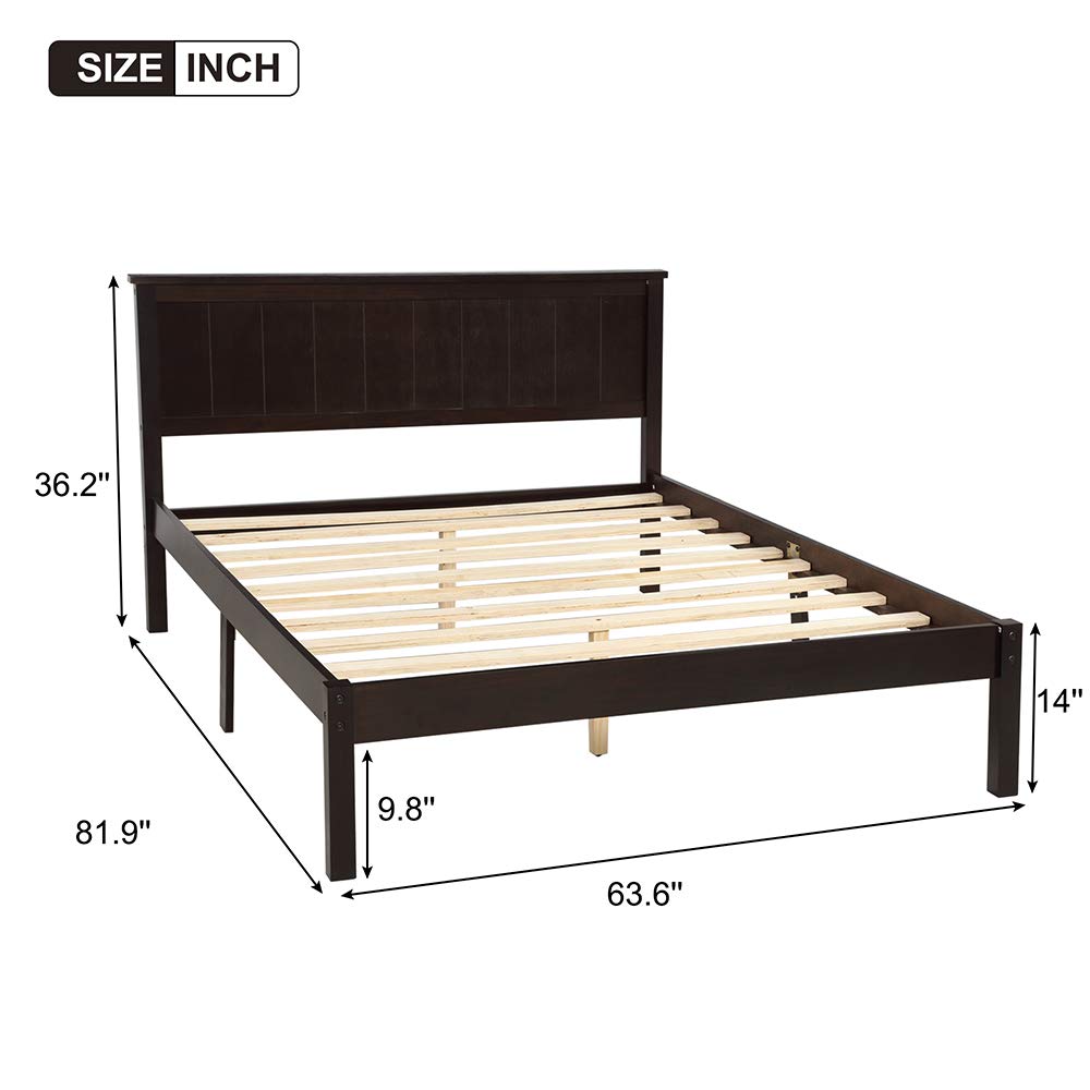 Rockjame Premium Brown Wood Queen Platform Bed Frame with Headboard - Sturdy Slat Support, Easy Assembly, No Box Spring Needed - Perfect for Modern Bedrooms & Guest Rooms