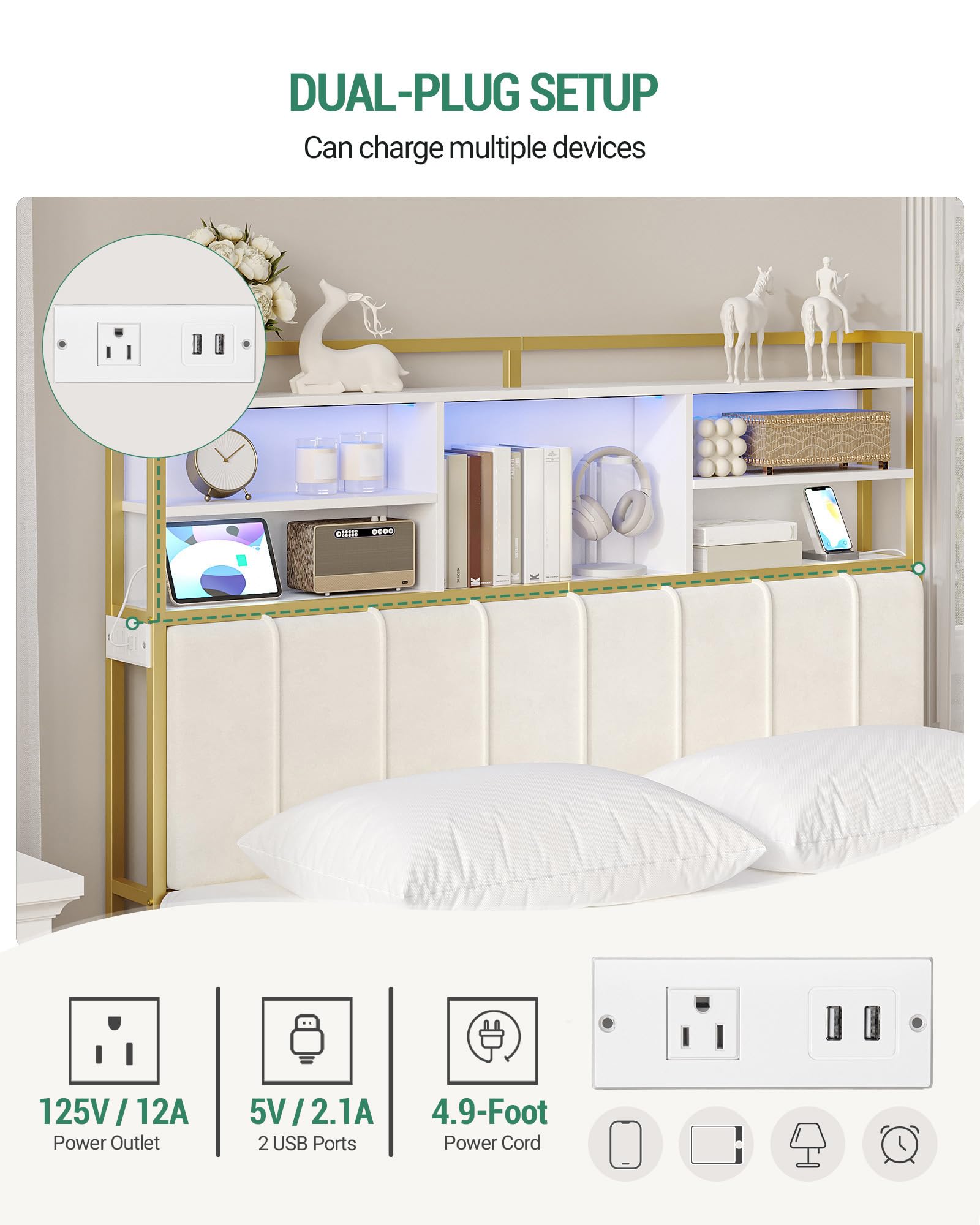 Velvet Upholstered Queen Size Headboard with 3-Tier Storage Shelves, 2 Outlets & USB Ports, LED Light - Soft Backrest in White & Gold (BH15203A) - Perfect for Bedroom Organization & Modern Home Decor