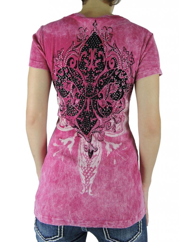 SugarRock Women's Crystal Fleur Tattoo Print Short Sleeve Shirt - Vintage Mineral Wash T-Shirt for Casual Wear, Summer Outfits & Boho Style Fashion