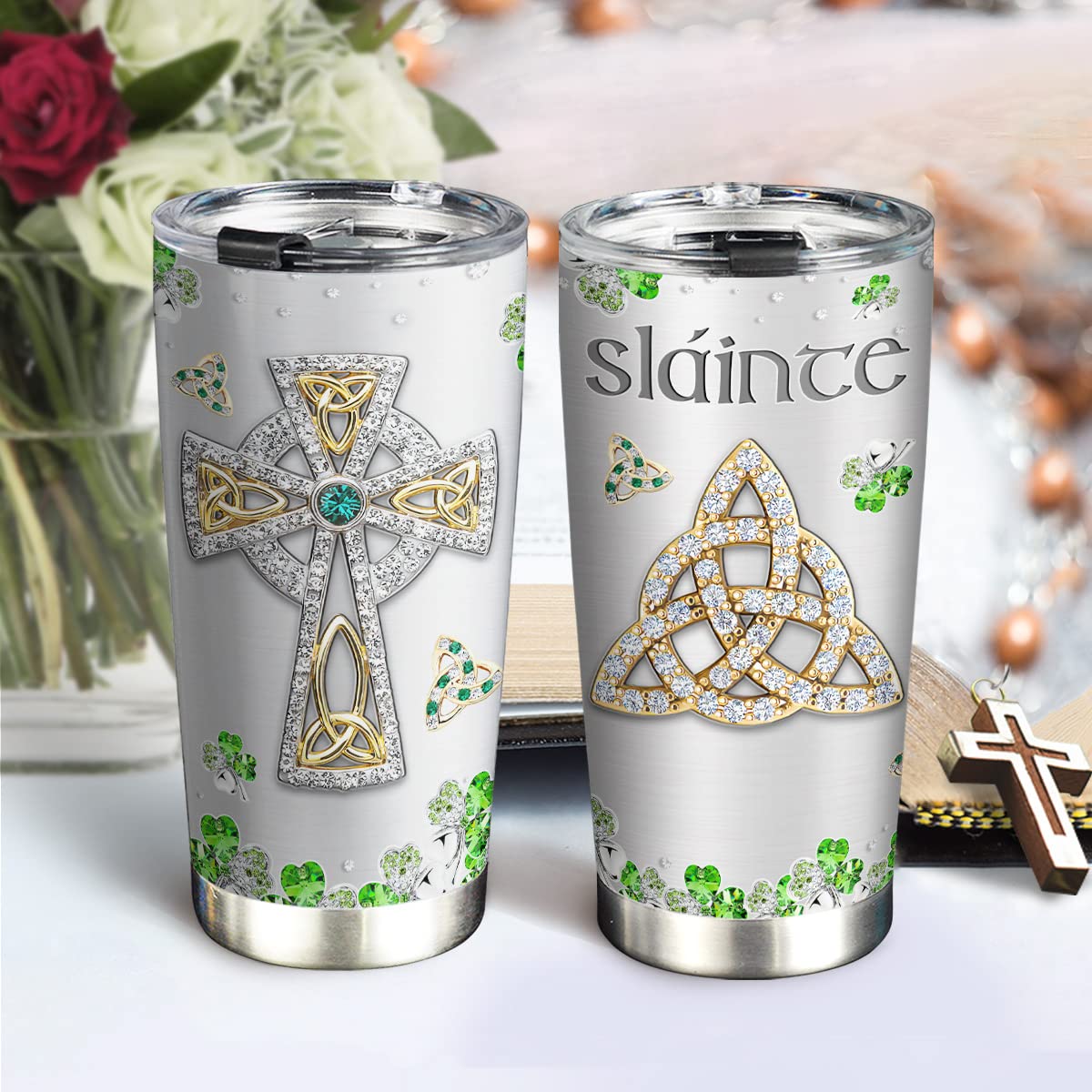 20oz Stainless Steel Double Wall Vacuum Insulated Irish Tumbler - Clover Leaf Slainte Design, Travel Coffee Mug with Lid, Perfect Irish Gift for Women | Great for Office, Commuting & Outdoor Adventures