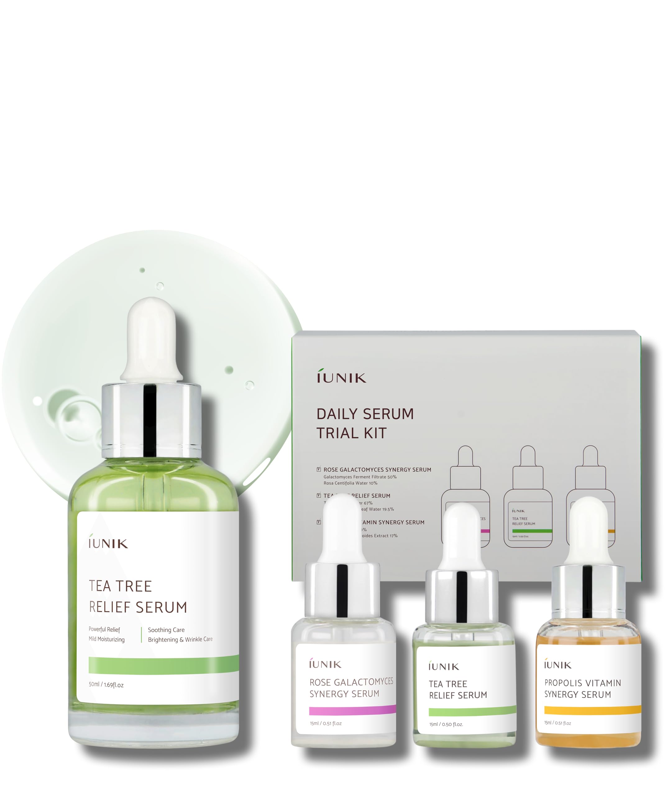 **iUNIK Tea Tree Relief Serum & Daily Serum Trial Kit - Korean Vegan Skincare with Rose Galactomyces, Propolis & Vitamin - Mini Travel Kit for Acne, Hydration & Glow (Perfect for Travel & On-the-Go Skincare)**