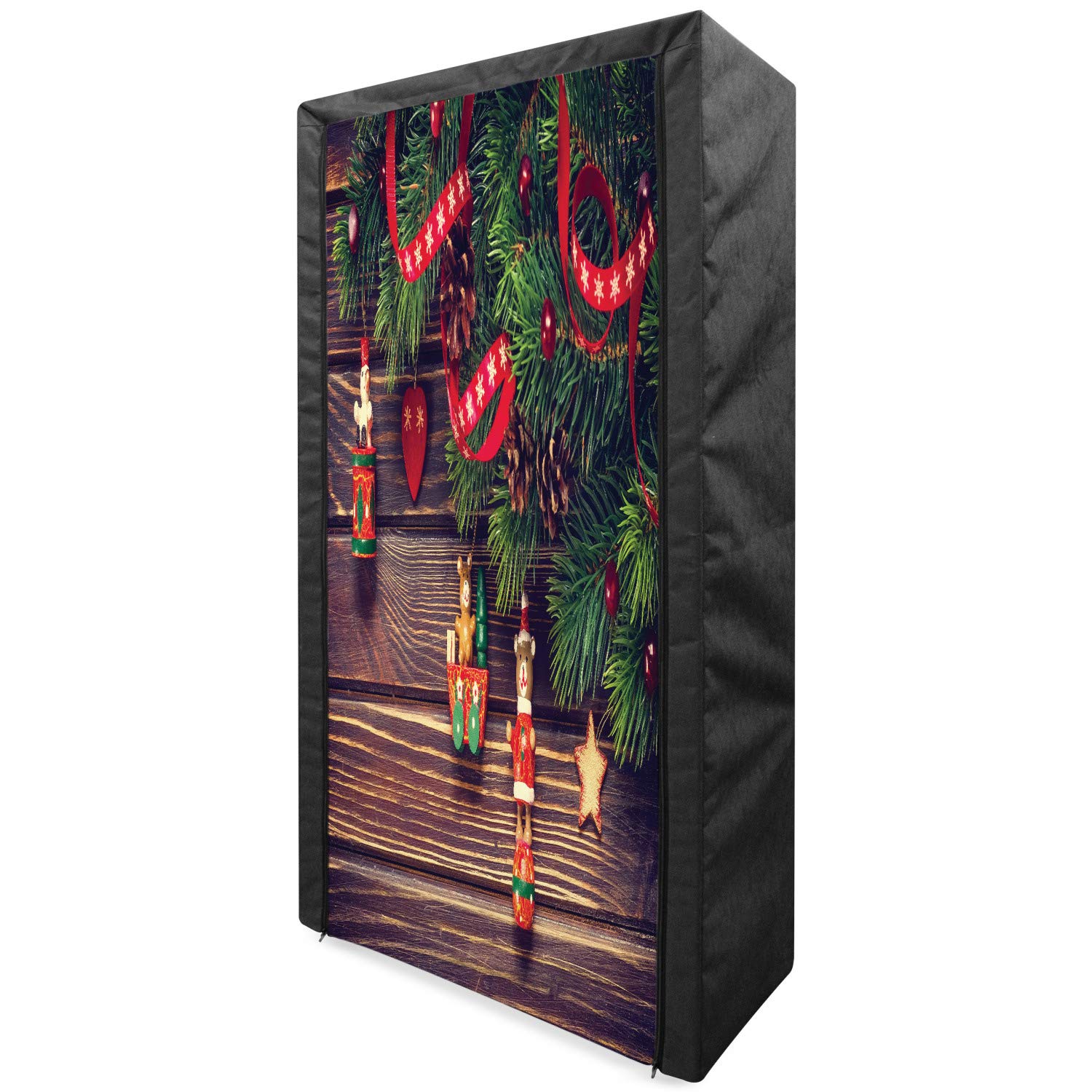 Ambesonne Christmas Portable Fabric Wardrobe - Rustic Wooden Backdrop Holiday Closet Organizer with Shelves, 33.5 Inch Green & Brown Storage for Seasonal Clothing - Perfect for Bedroom, Guest Room, and Holiday Decorations