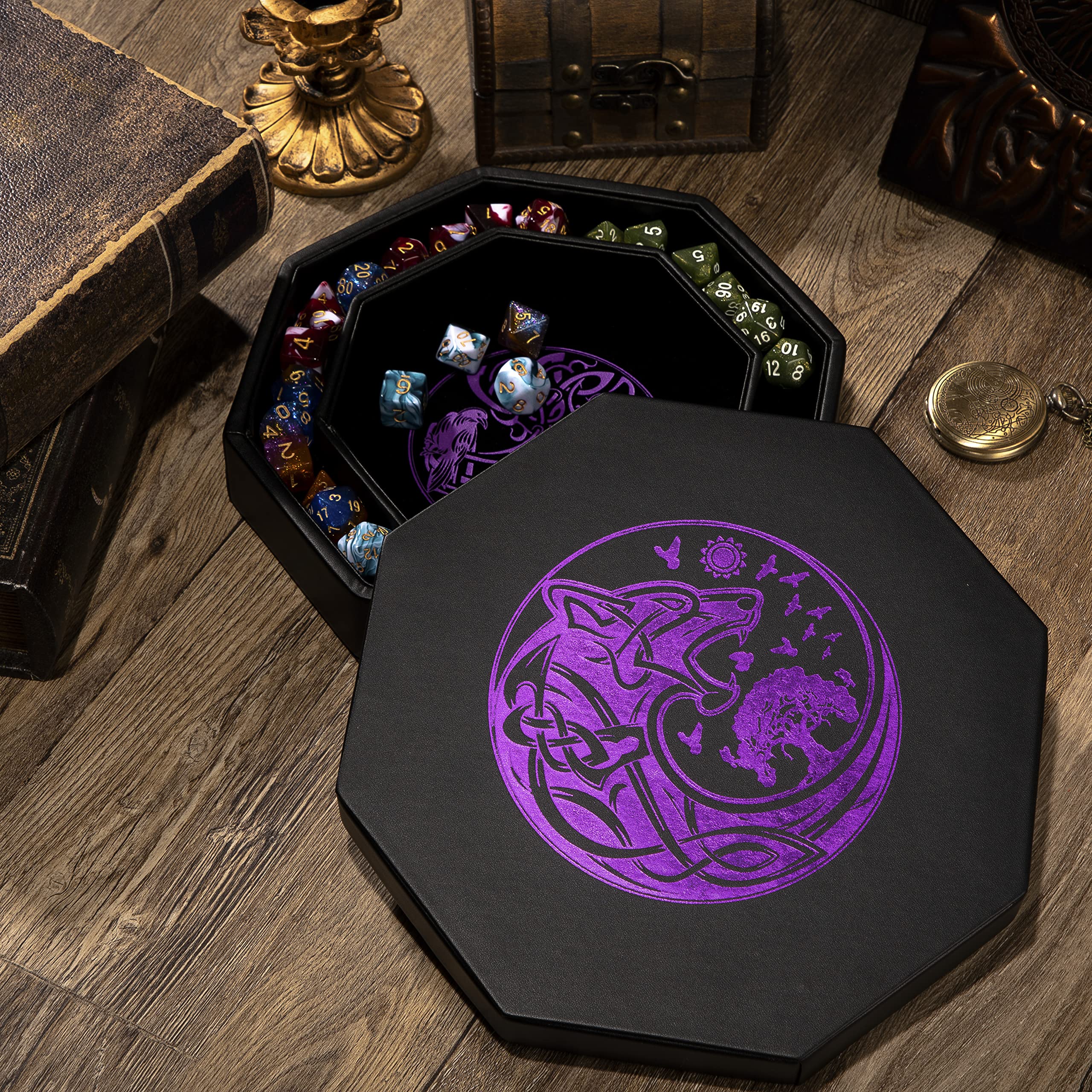 Premium 8 Inch DND Dice Tray for Dungeons & Dragons - Exquisite Purple World Tree & Wolf Raven Design - Dice Rolling Tray with Storage Box for RPG Tabletop Games - Perfect for D&D Sessions & Game Nights