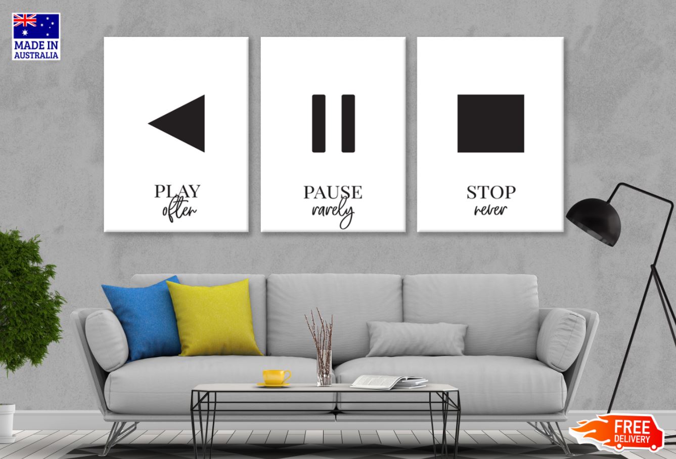 3-Piece Play Pause Stop Black & White Word Art Canvas Prints - Premium Australian-Made Wall Decor for Living Room, Bedroom & Office - Ready to Hang Modern Vector Design Home Decor