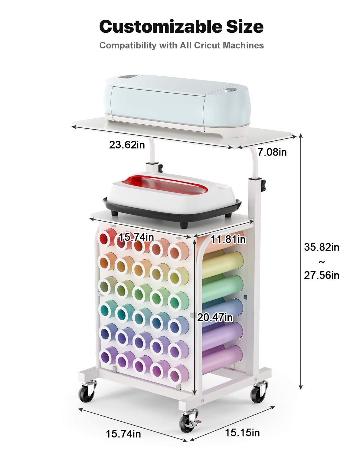 Rolling Craft Cart with Vinyl Roll Holder & Adjustable Height - Craft Storage Organizer Table Compatible with Cricut Machines | Perfect for Scrapbooking, DIY Projects & Craft Room Organization
