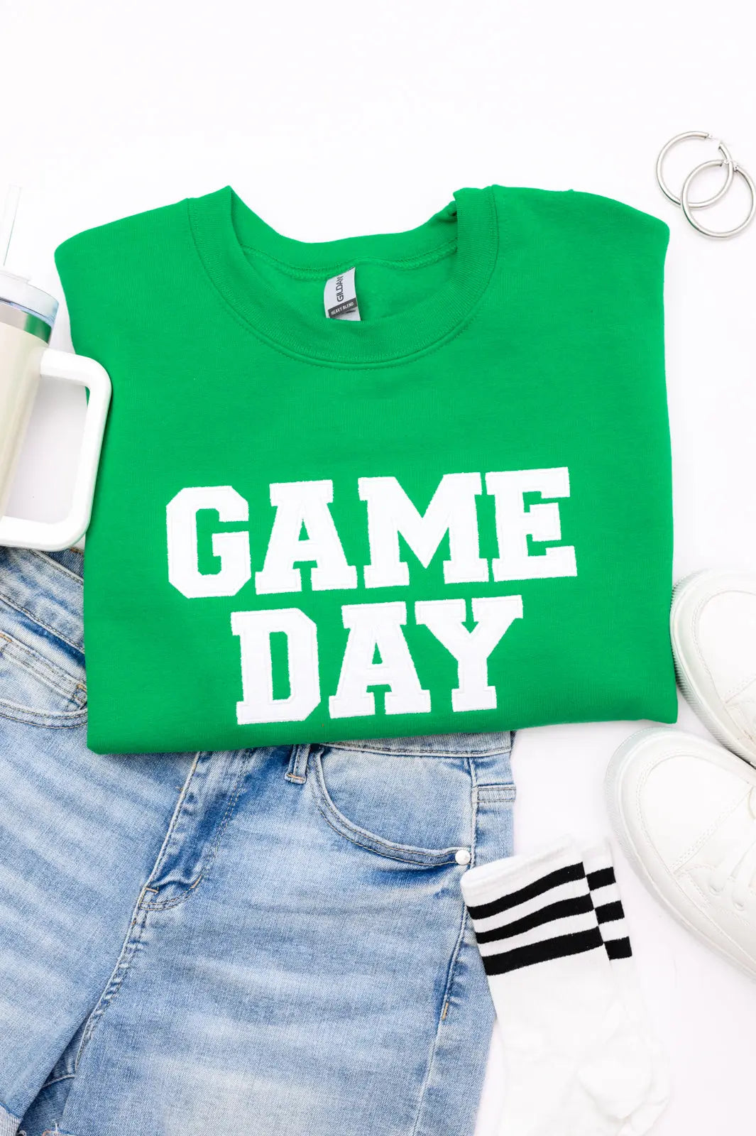 PREORDER: Embroidered Glitter Game Day Sweatshirt - Kelly Green & White | Football Party, Tailgating, Sports Fan Apparel