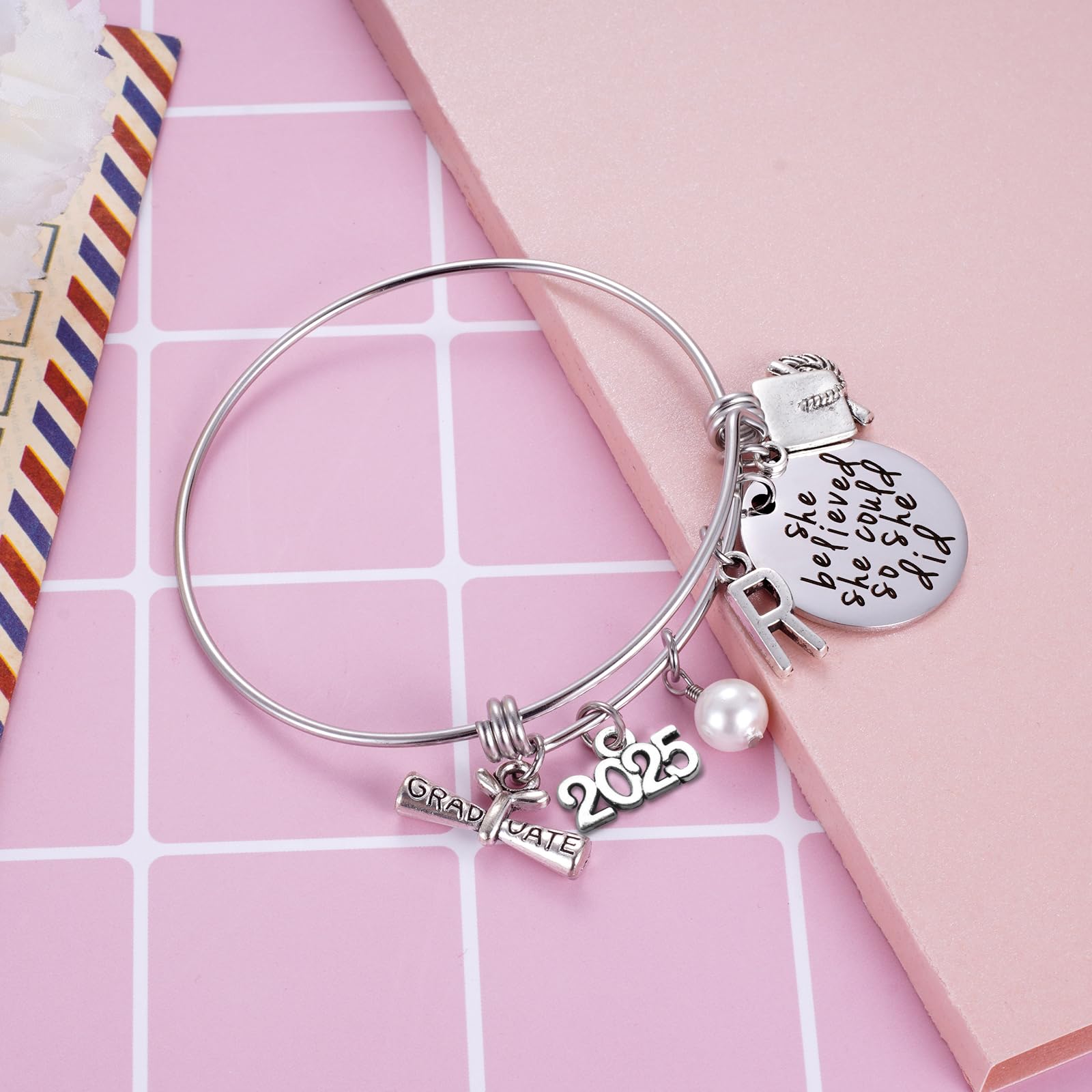 Ukodnus Class of 2025 Graduation Bracelet - Personalized 26 Initial Charm Bracelet for High School & College Seniors - Inspirational Gift for Women - Perfect for Graduation Ceremonies & Celebrations