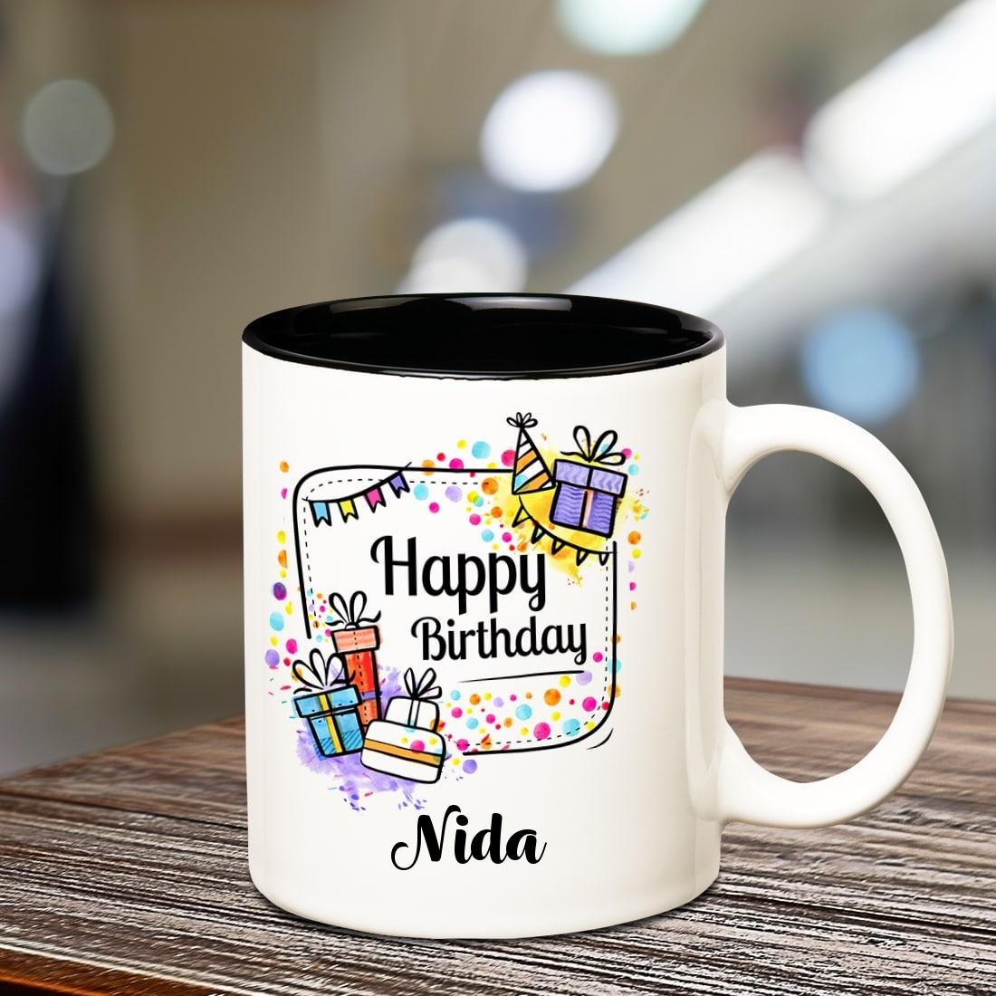 Personalized Huppme Happy Birthday Nida Coffee Mug with Inner Black Design - Perfect Gift for Birthday Celebrations, Office Use & Coffee Lovers