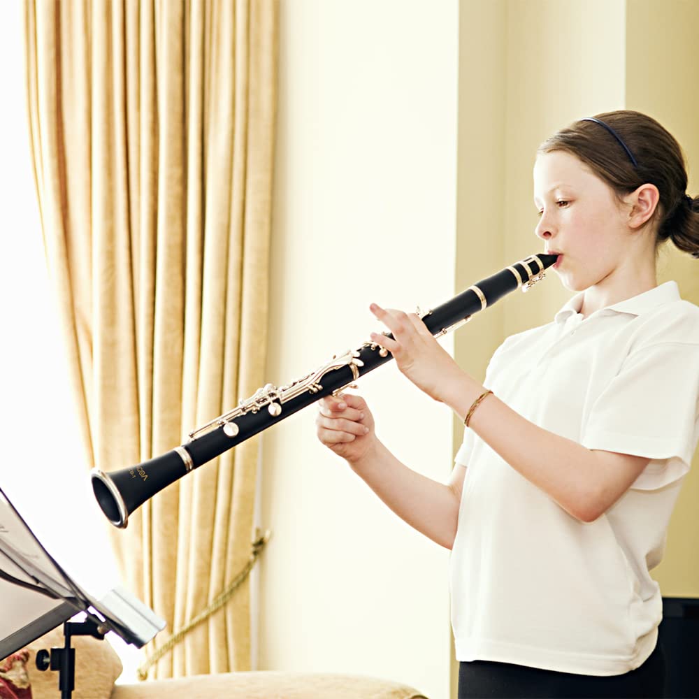 Vangoa Bb Clarinet - Professional B Flat Beginner Student Clarinet for School Band & Orchestra | Nickel-Plated with Hard Case, Stand, Cleaning Kit, Barrels, Gloves, Strap, Pads & Reeds | Perfect for Kids, Teens & Adult Music Learners | Ideal for School Performances, Practice & Music Lessons