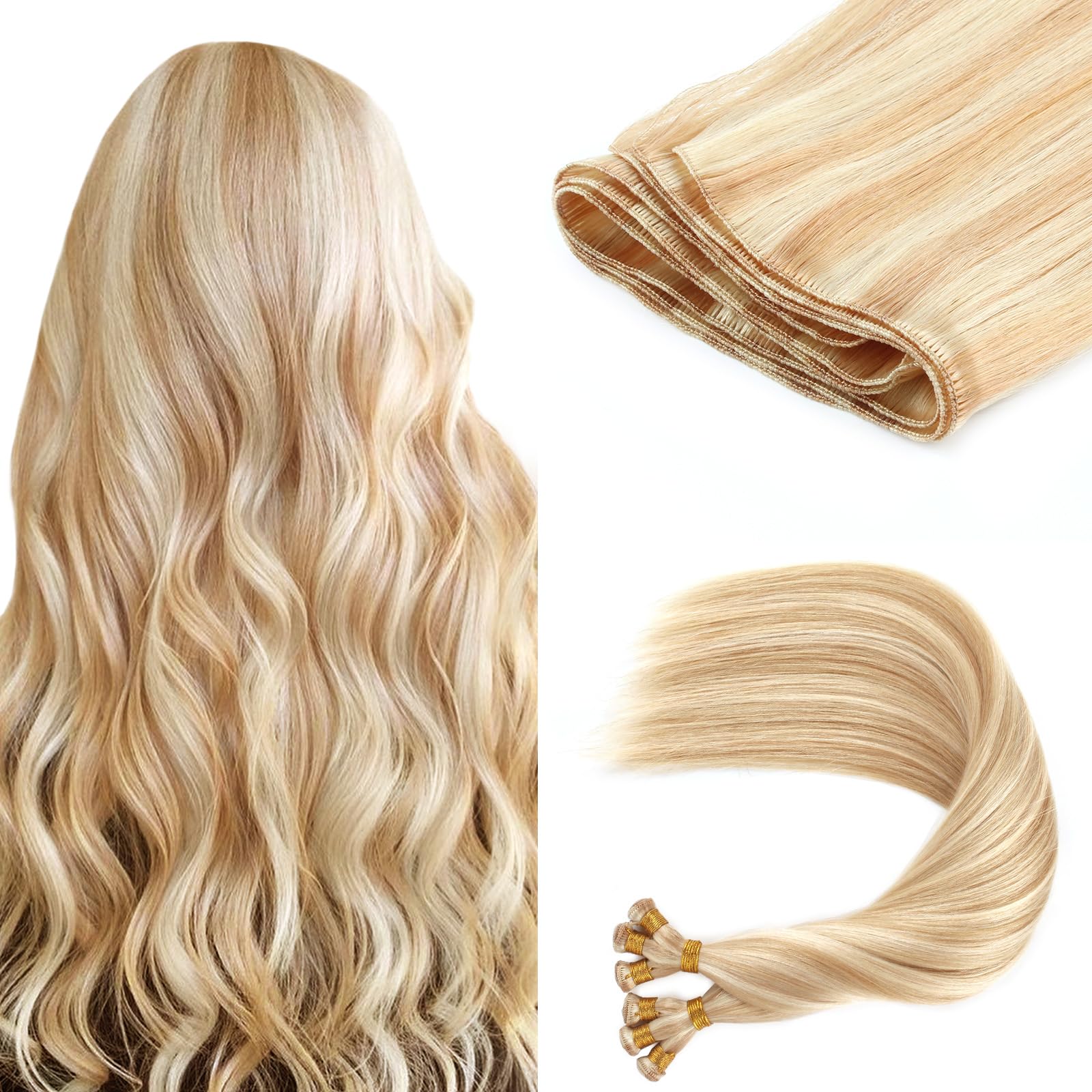 ABH AMAZINGBEAUTY Hand-Tied Weft Hair Extensions - 100% Real Human Hair - Highlighted Dark Blonde with Platinum Blonde - Sew-In Weft Extensions for Straight Hair - Full Head P12-60 - 50g, 20 Inch - Perfect for Daily Wear, Parties & Special Occasions