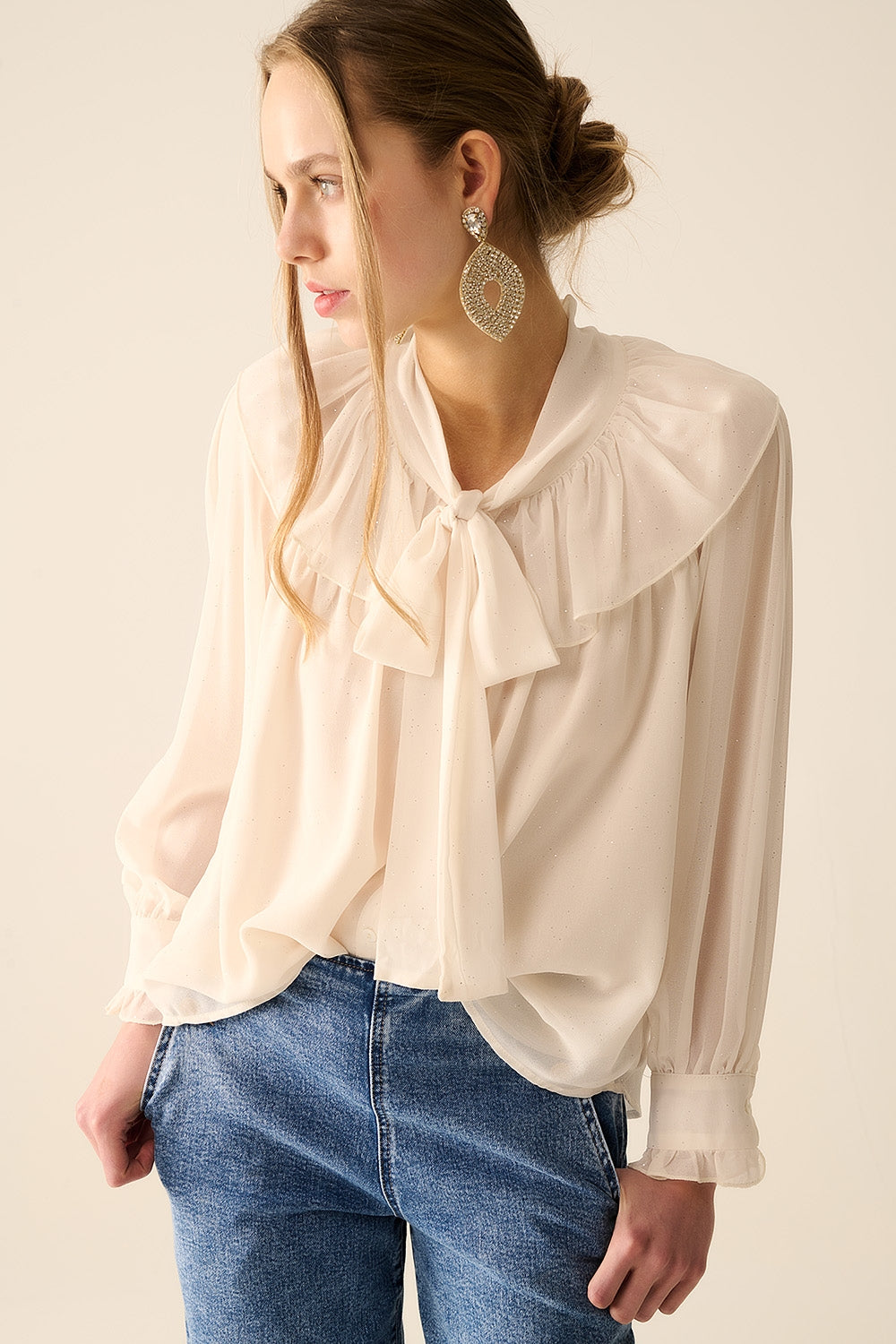Chiffon Beige Blouse with Bow Detail - Elegant Women's Top for Office, Party & Casual Wear