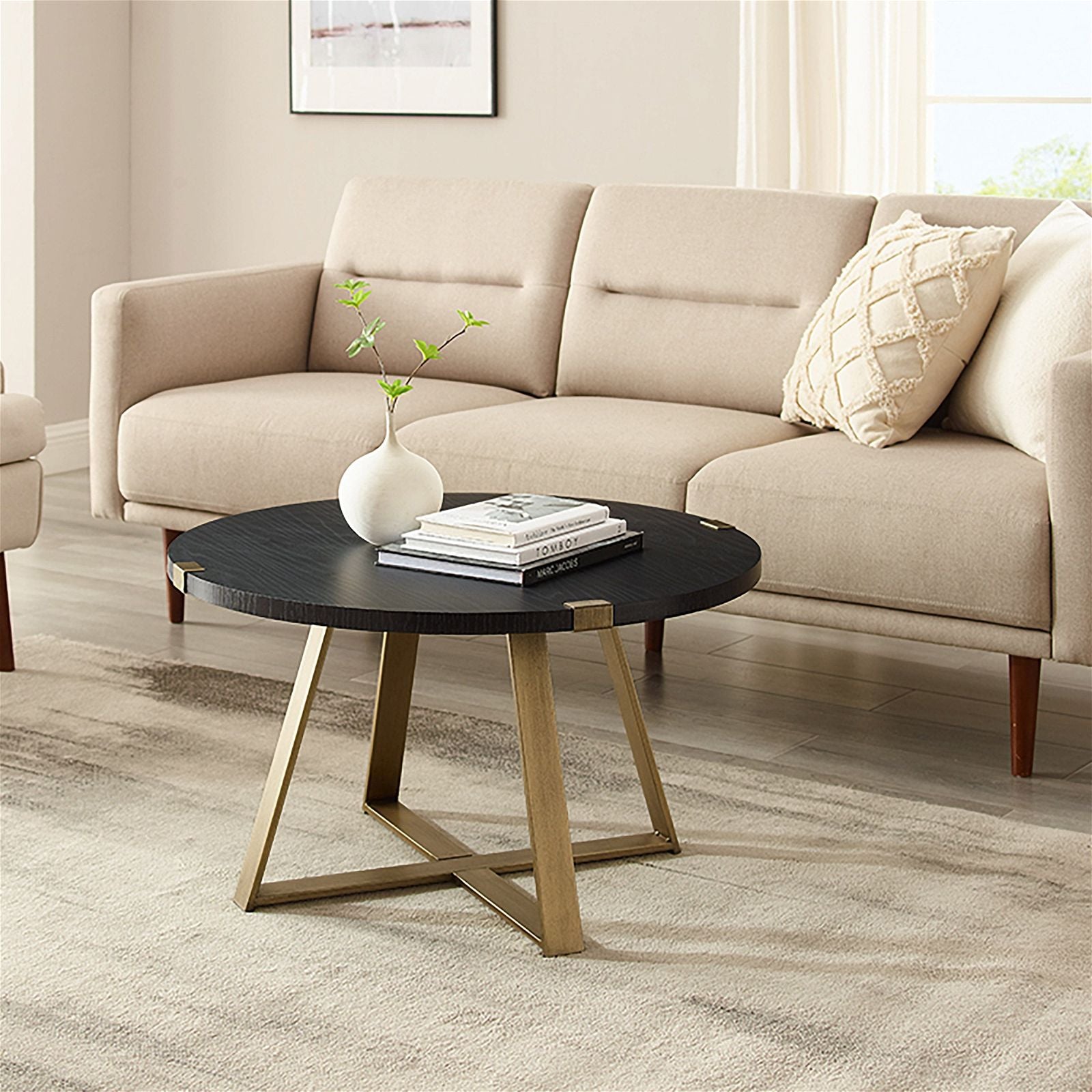 Modern Capri Round Coffee Table - Black Oak Finish with Gold Accents for Living Room, Lounge & Office Decor