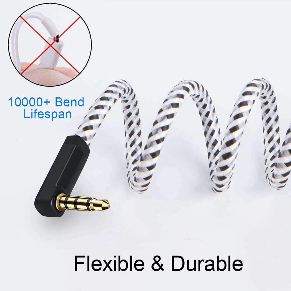 CableCreation 10ft 3.5mm TRRS Aux Cable Male to Female Stereo Audio Extension with 90° Right Angle (Microphone Compatible) - Black & White | Perfect for Headphones, Gaming Headsets, and Audio Equipment Connectivity