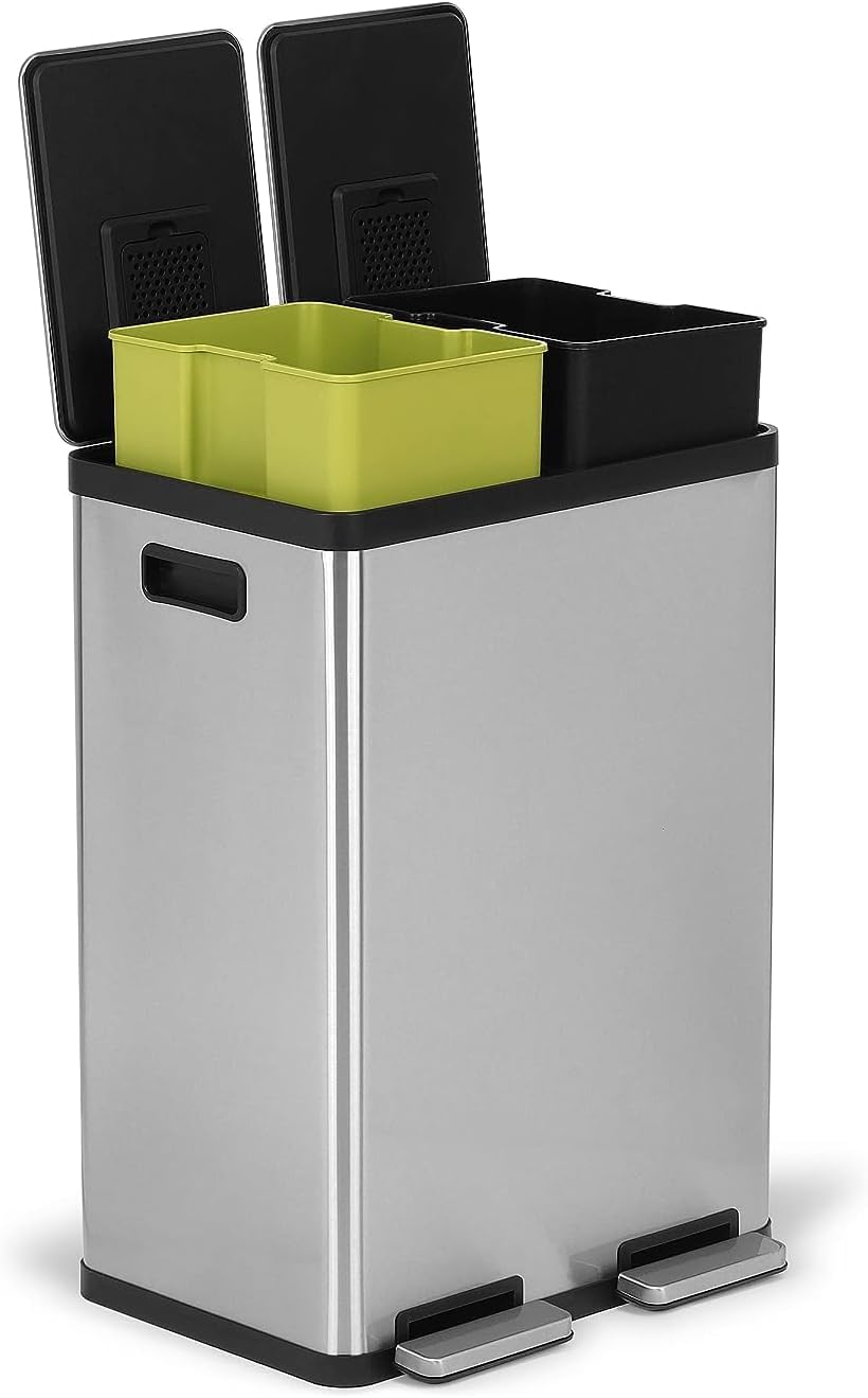 SIMPLI-MAGIC 60L/16 Gallon Hands-Free Dual Compartment Step Trash Can with Soft-Close Lid - Brushed Stainless Steel Kitchen Waste Bin (30L x 30L Capacity) for Recycling, Composting & Household Use