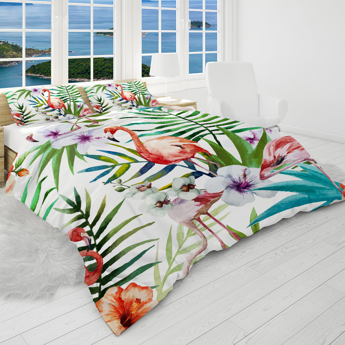 Flamingo Tropics Reversible Bedspread Set - Tropical Floral Print Comforter Cover for Queen/King Size Bed - Perfect for Beach House, Summer Bedroom Decor & Boho Chic Style