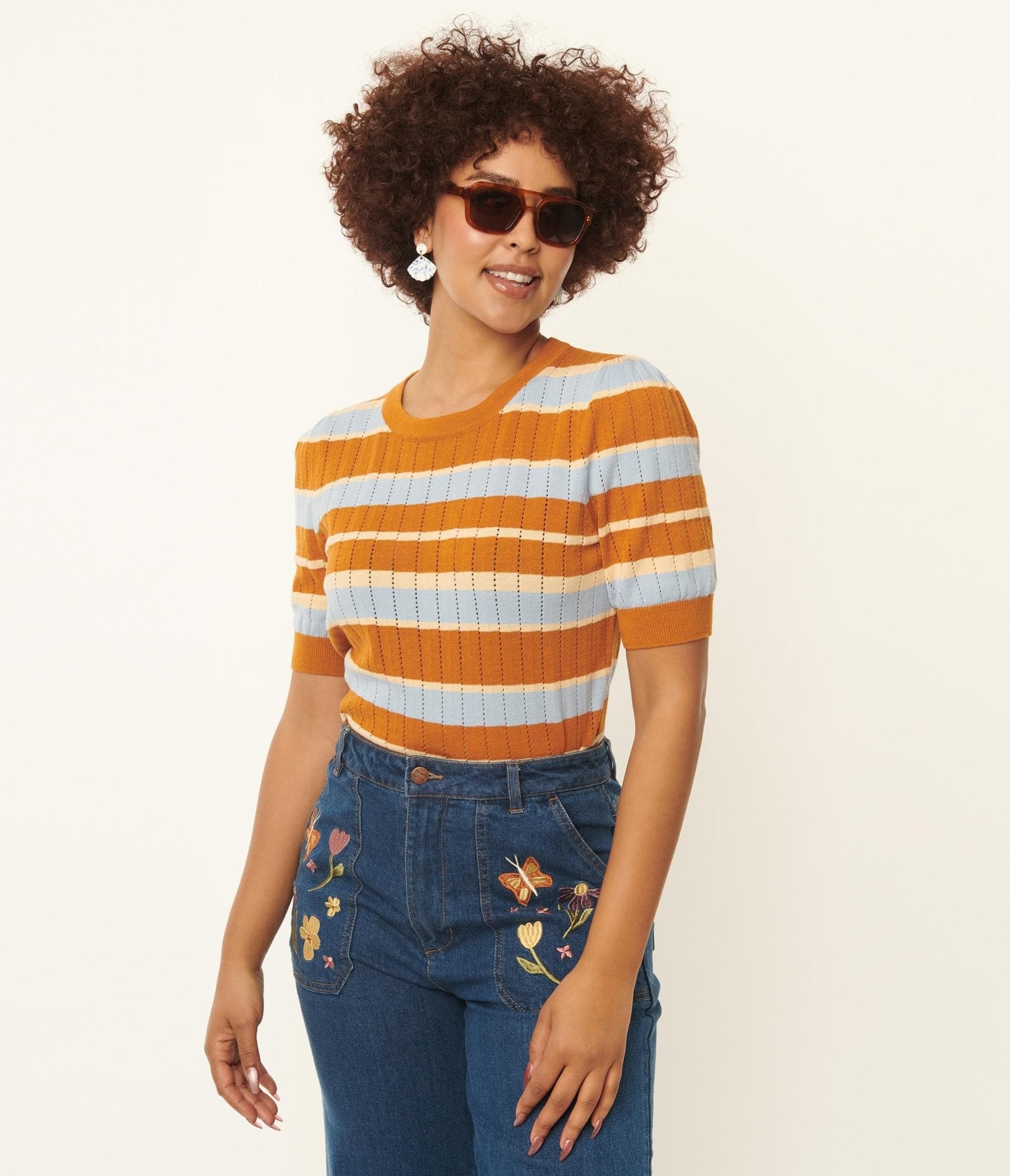 Light Blue & Saffron Striped Knit Top for Women | Casual Chic T-Shirt | Perfect for Spring Outfits & Weekend Wear