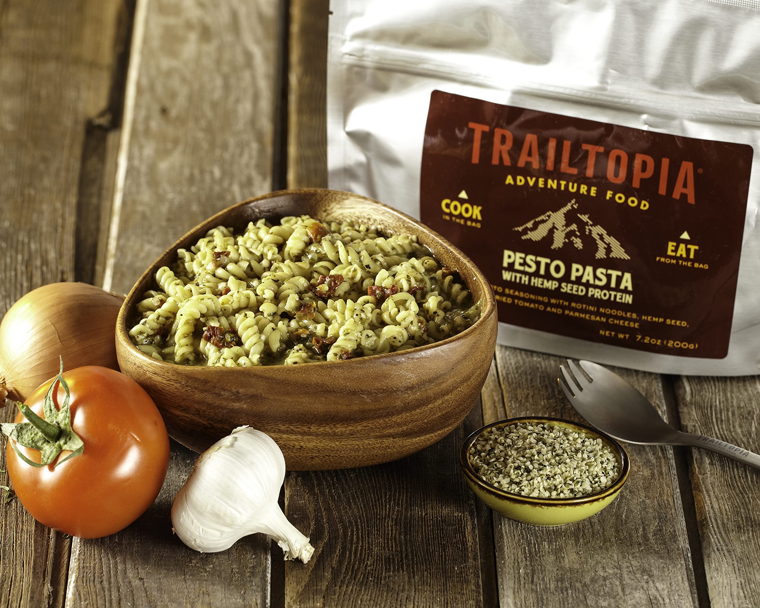 Trailtopia Freeze Dried Pesto Pasta with Hemp Seed Protein - High Protein Backpacking Meal | Lightweight Camping Food | Quick Prep 10 Minute Dinner | Gluten Free Vegan Hiking Food for Outdoor Adventures | Perfect for Camping, Hiking and Emergency Preparedness