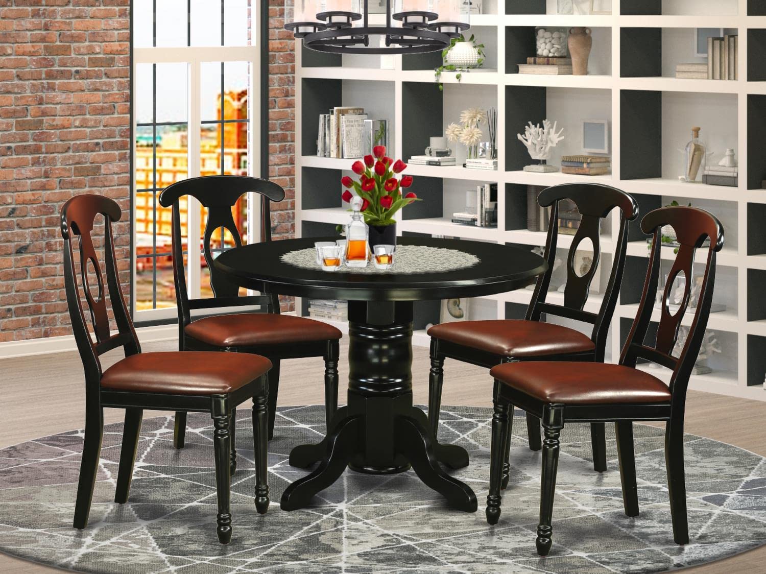 East West Furniture SHKE5-BLK-LC 5-Piece Modern Black Dining Set with Round Pedestal Table & 4 Faux Leather Chairs, 42x42 Inch - Perfect for Small Kitchens, Breakfast Nooks & Compact Dining Spaces
