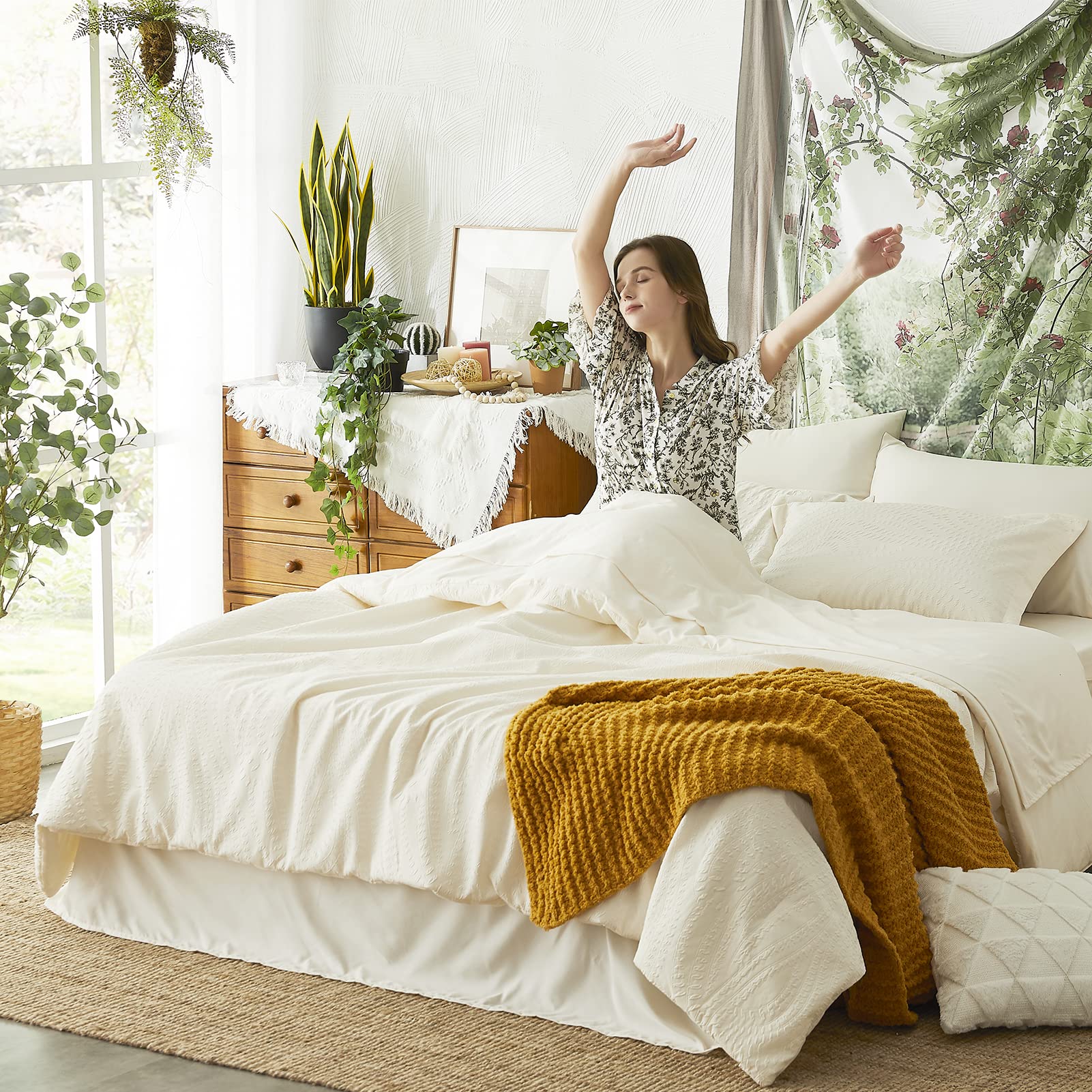 Geniospin Queen Comforter Set 7-Piece All Season Bedding - Ivory White Botanical Print Seersucker Duvet Cover, Sheets, Pillowcases & Shams (90x90 Inches) for Cozy Bedroom Decor & Guest Room Essentials