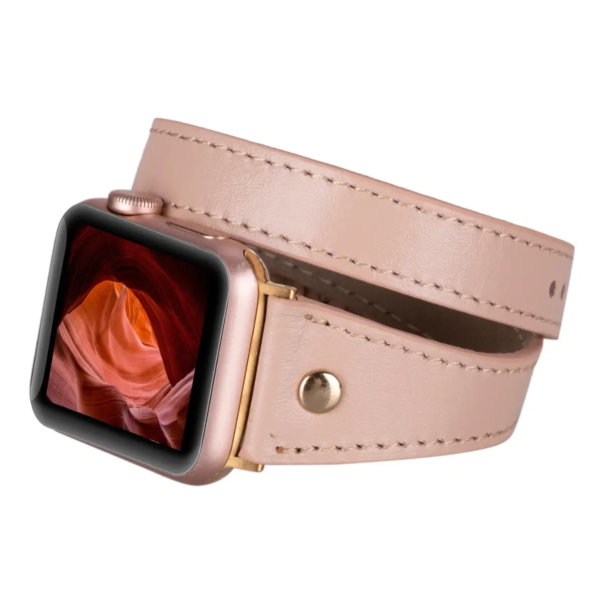 Elegant Nude Leather Double Tour Slim Apple Watch Band with Gold Rivet - Perfect for Work, Casual & Formal Occasions