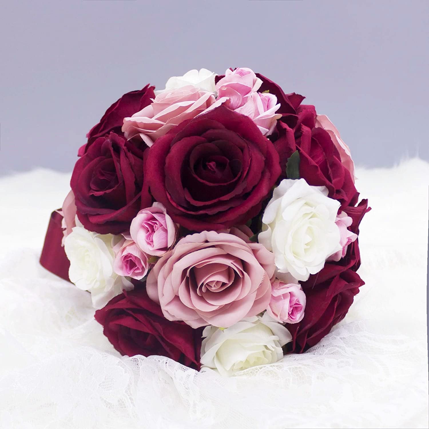 9-Inch Real Touch Burgundy & Dusty Rose Bouquet with Blush Pink White Roses - Premium Artificial Wedding Flowers for Bridal Bouquets, Centerpieces & Home Decor