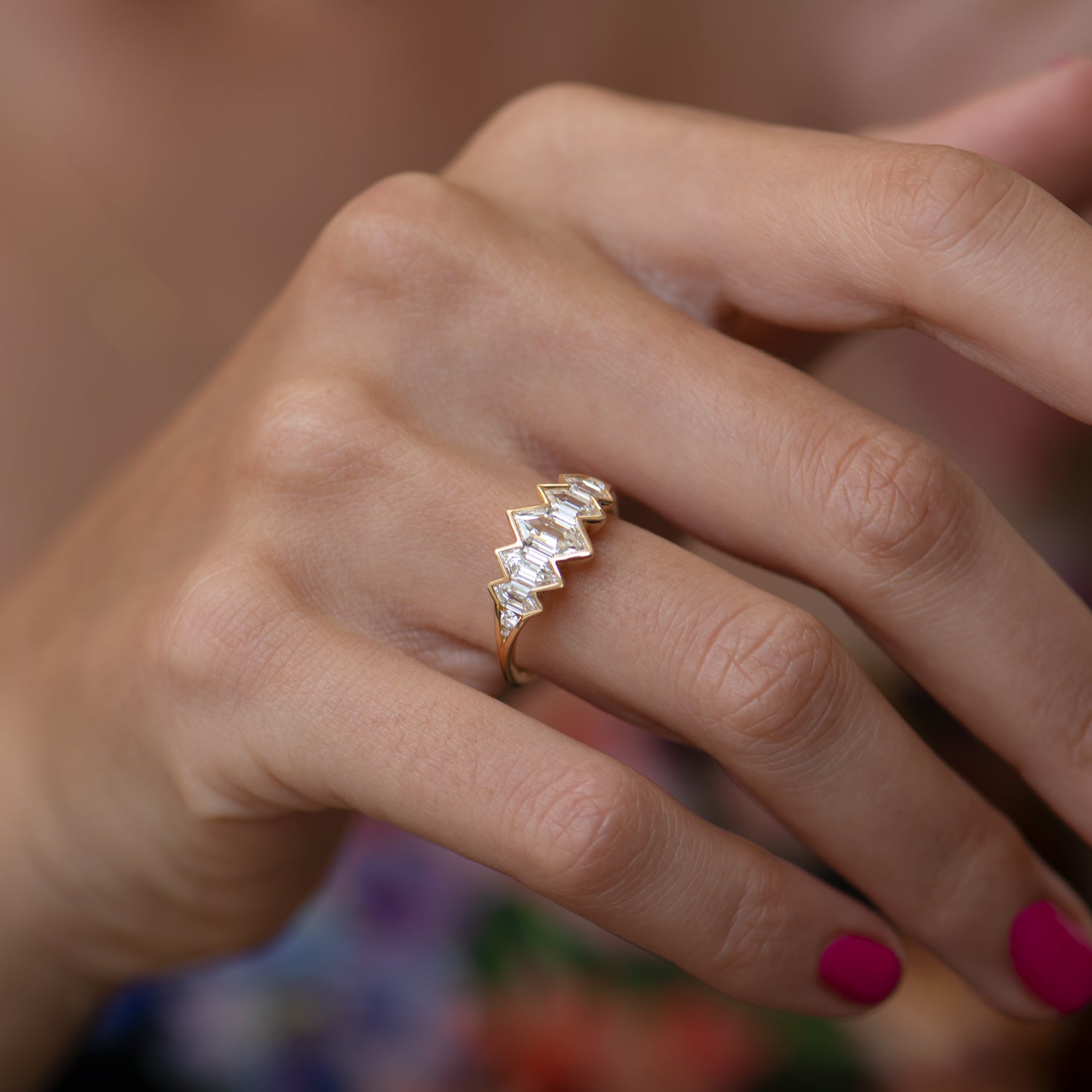 Hexagon Cut Diamond Mountain Lake Engagement Ring - 14K Gold Bezel Setting for Romantic Proposals & Anniversaries